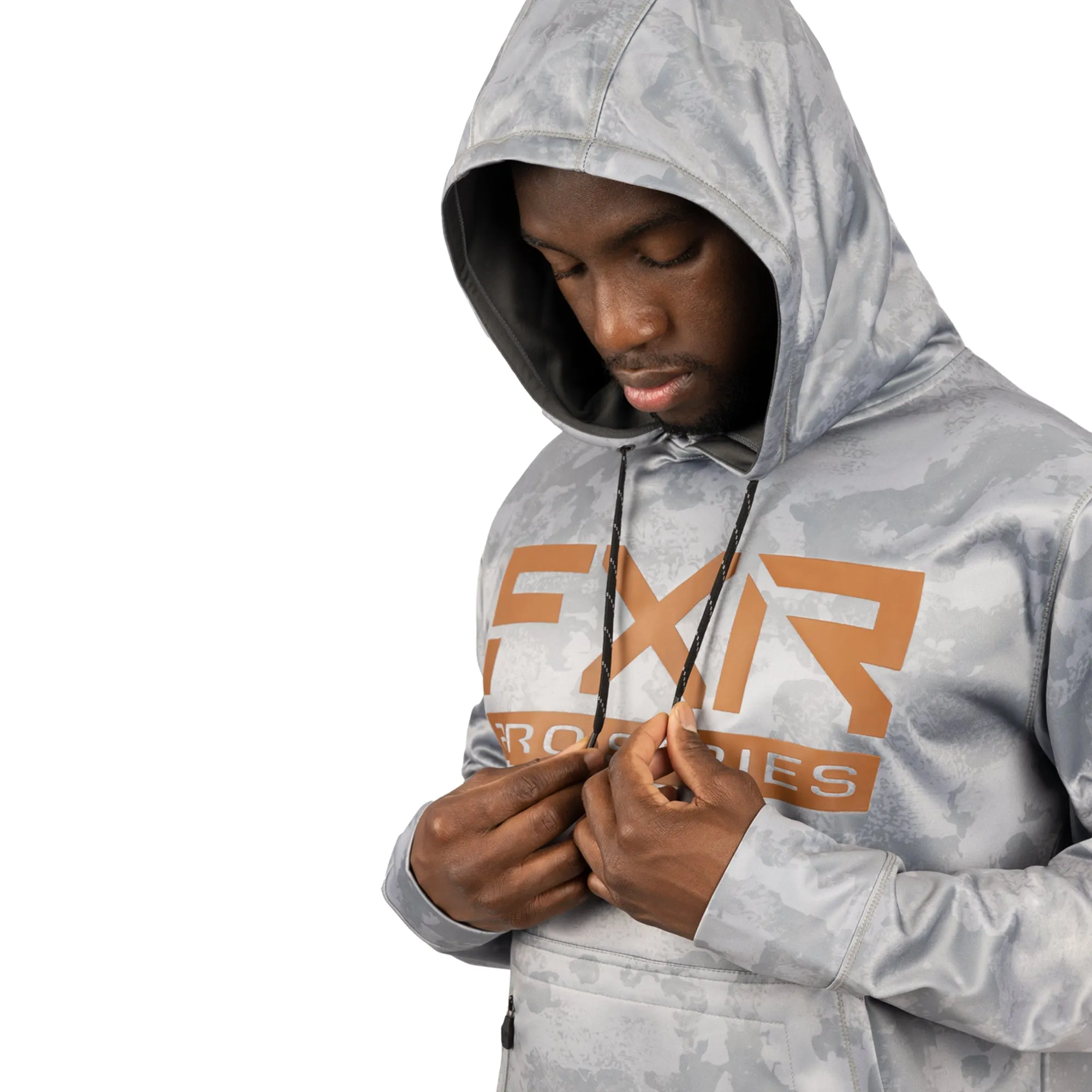 FXR  Pro Tech Pullover Hoodie Water Resistant Zippered Pouch Grey Camo Bronze