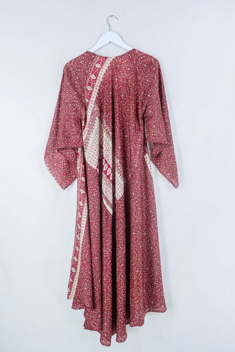 Goddess Dress - Crimson and Mushroom Paisley Stripe - Indian Pure Silk Sari - Free Size