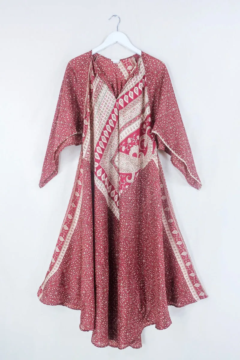 Goddess Dress - Crimson and Mushroom Paisley Stripe - Indian Pure Silk Sari - Free Size