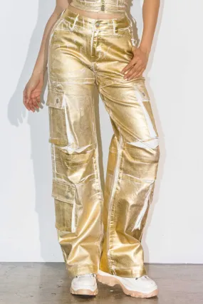 Gold Foil Print Baggy Cargo Pants