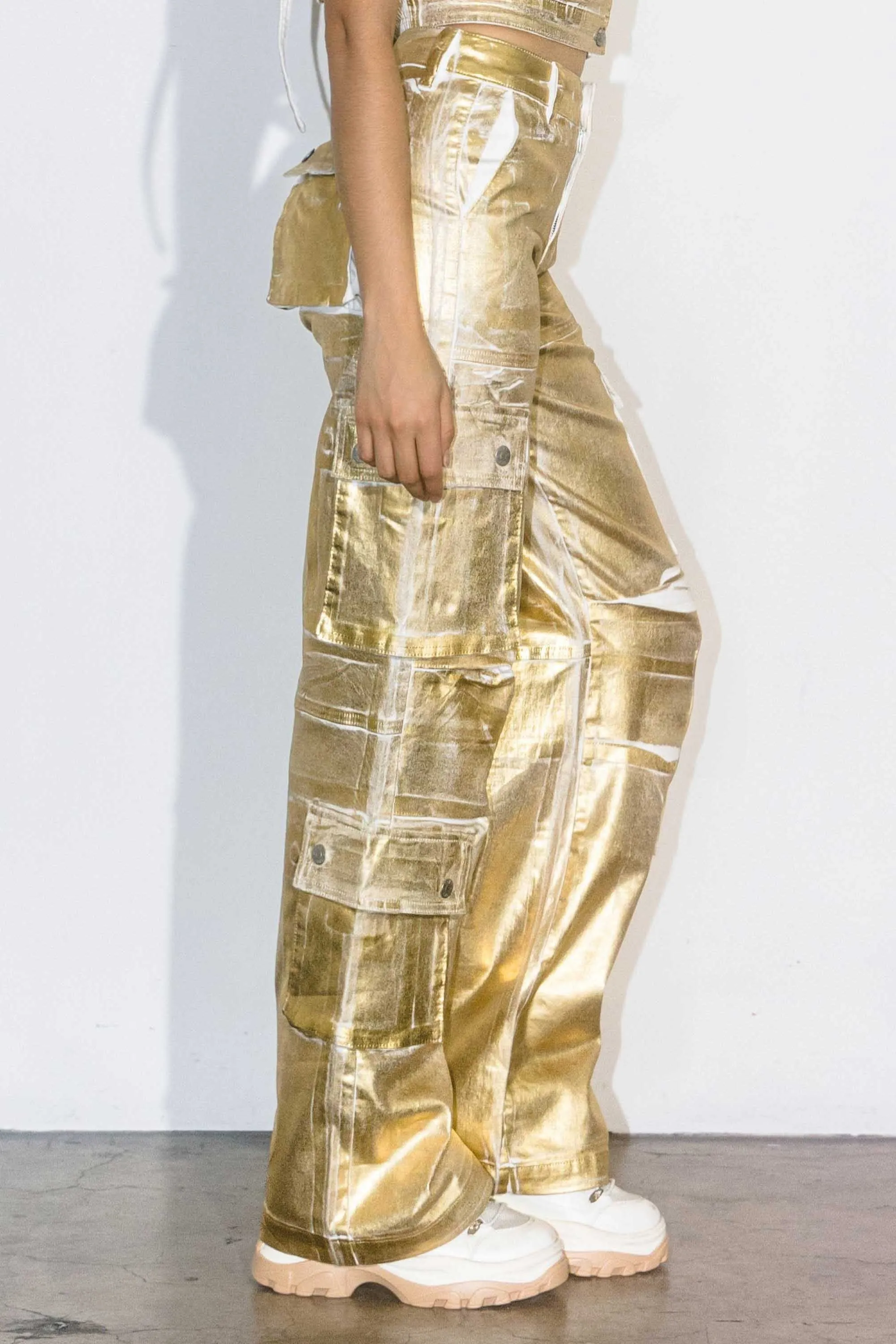 Gold Foil Print Baggy Cargo Pants