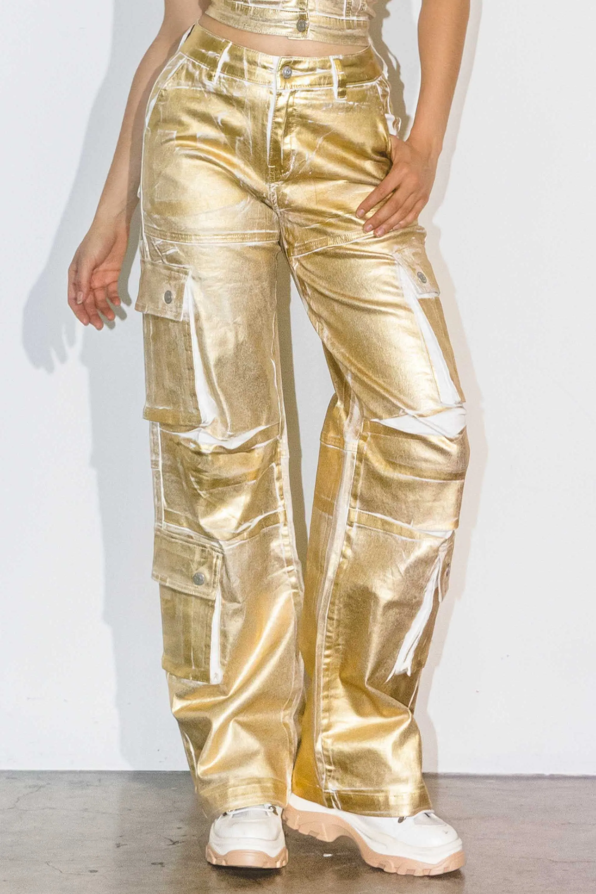 Gold Foil Print Baggy Cargo Pants