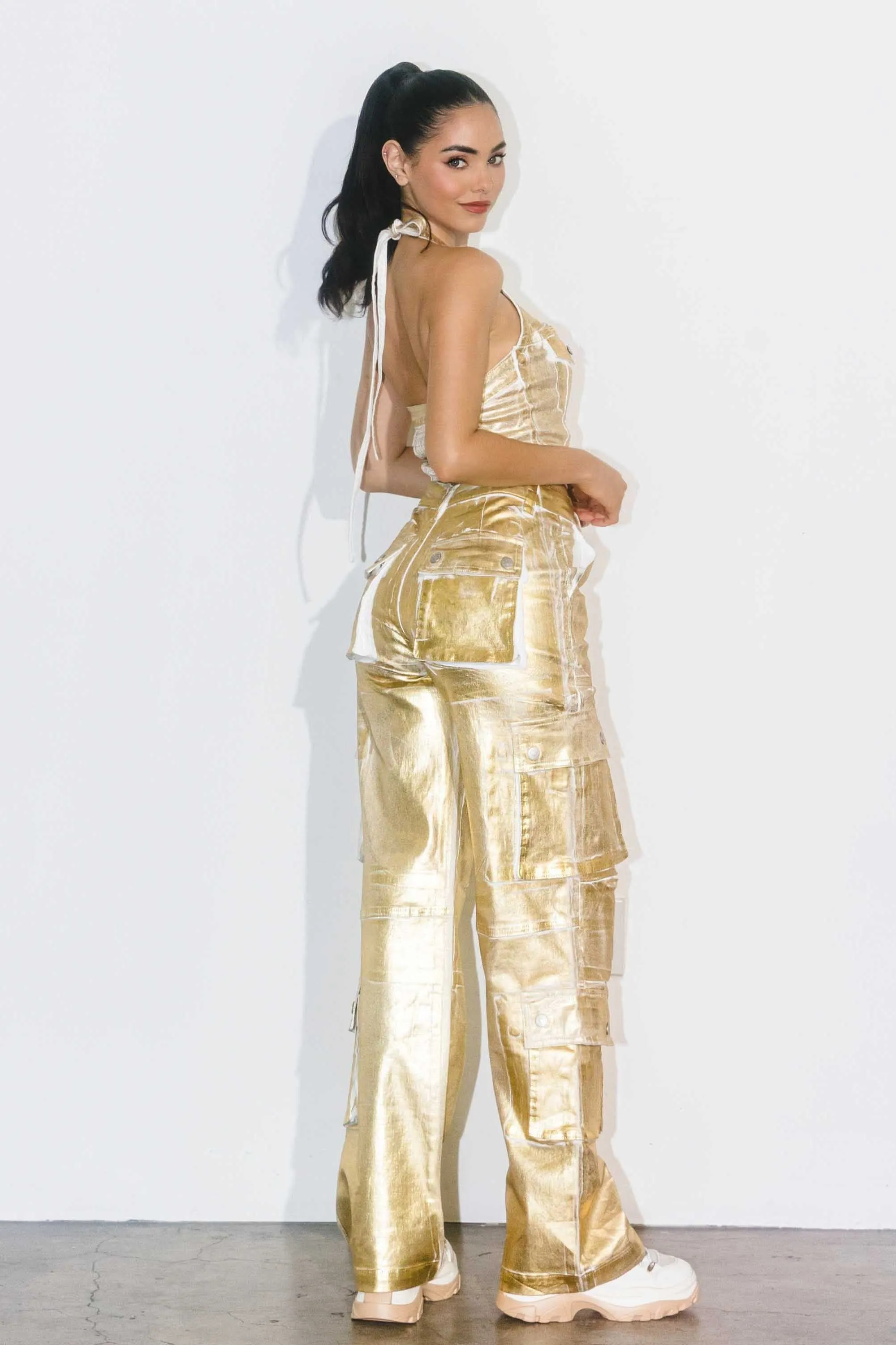 Gold Foil Print Baggy Cargo Pants