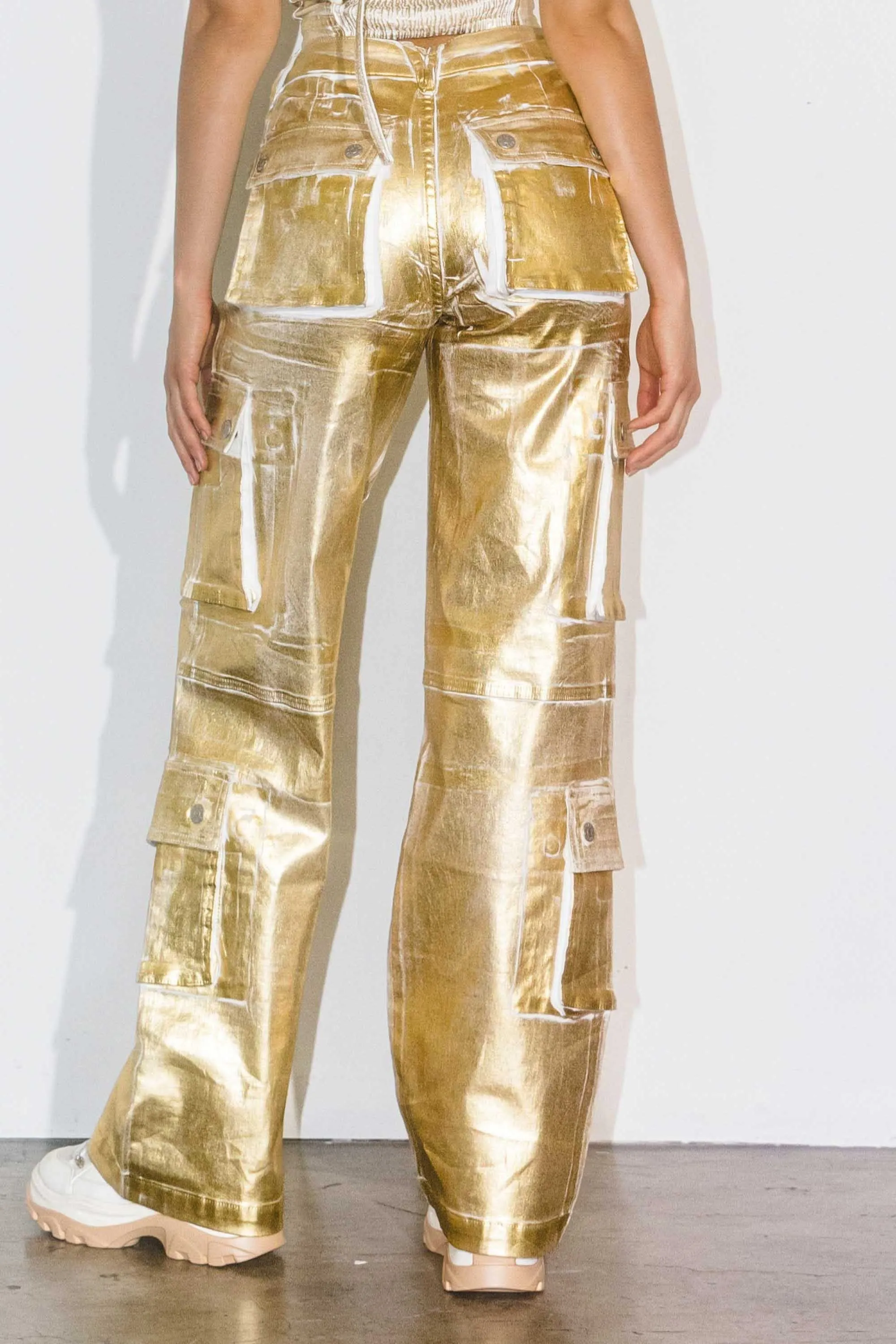 Gold Foil Print Baggy Cargo Pants