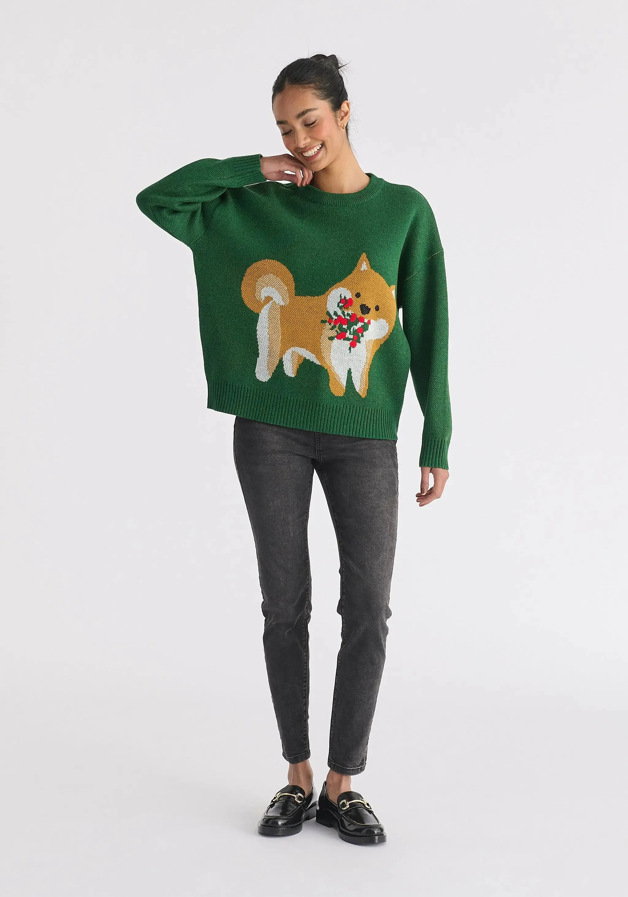 Green Christmas Jumper With Dog and Mistletoes