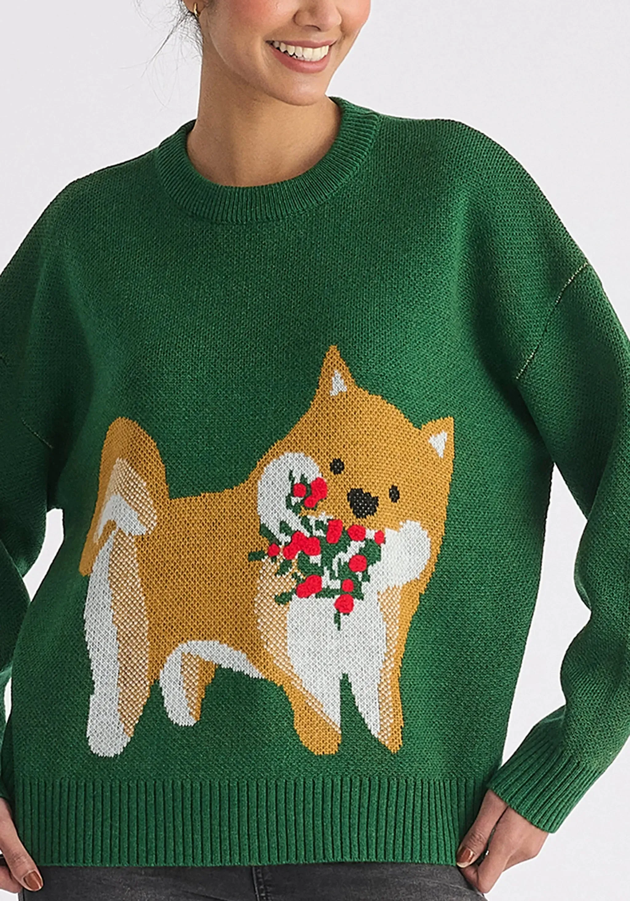 Green Christmas Jumper With Dog and Mistletoes