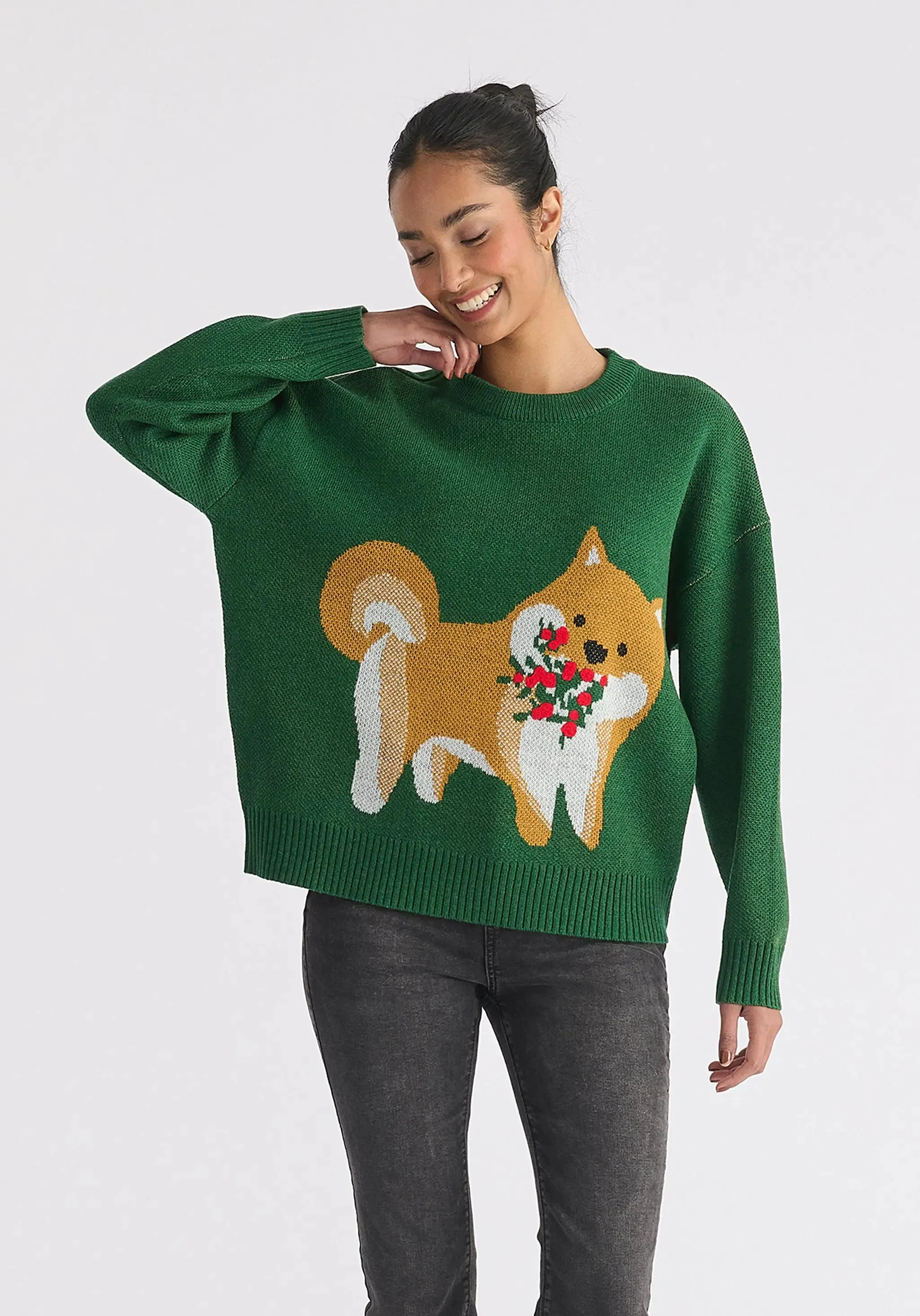 Green Christmas Jumper With Dog and Mistletoes