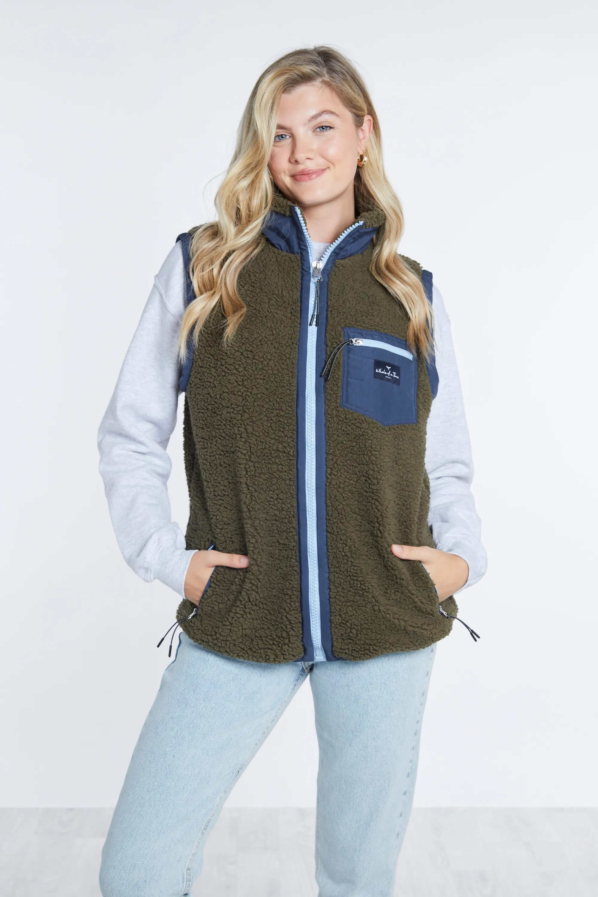 Highland Unisex Sherpa Gilet - Olive/Blue