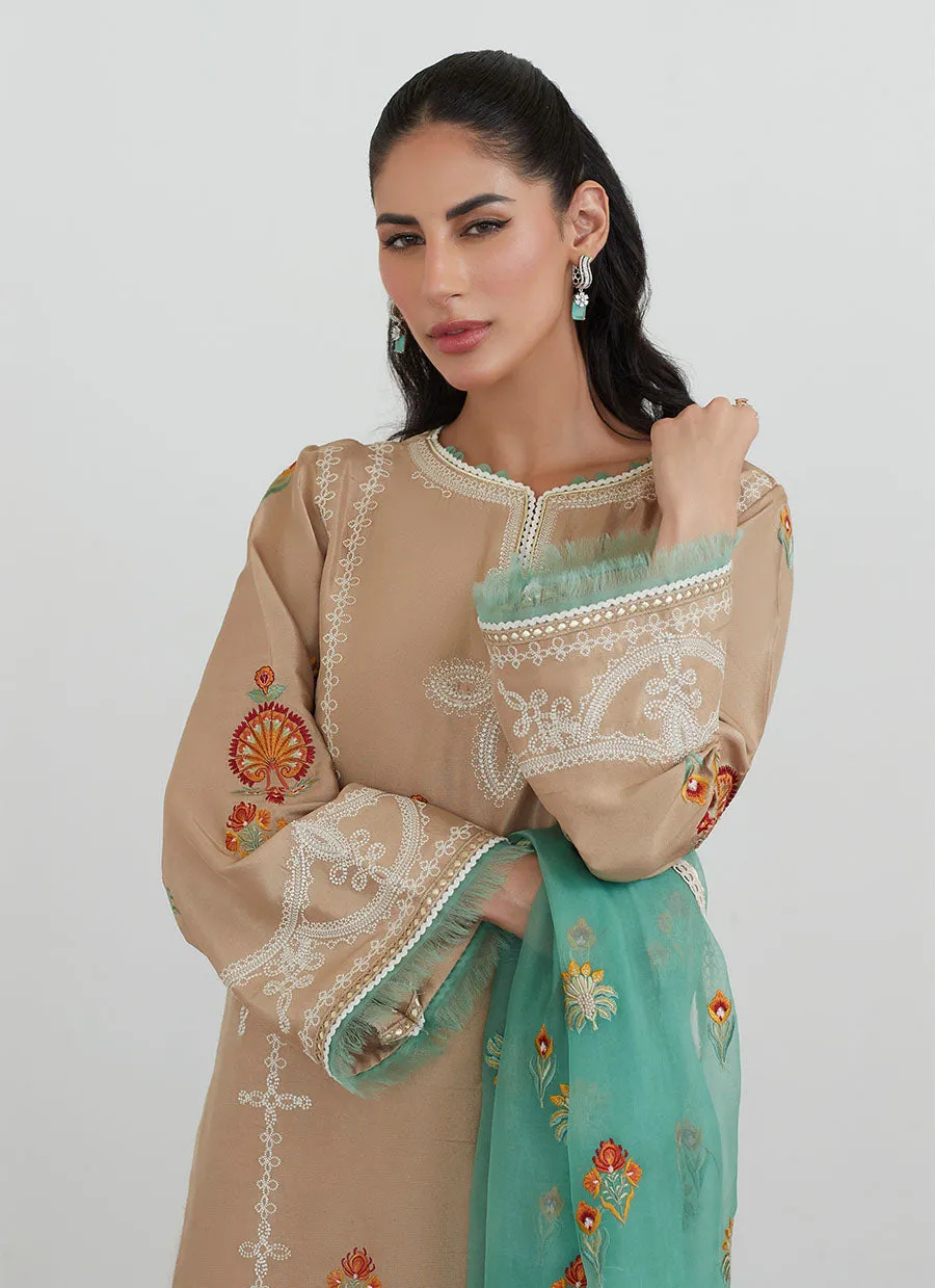 Latte Embroidered Shirt with Organza Dupatta