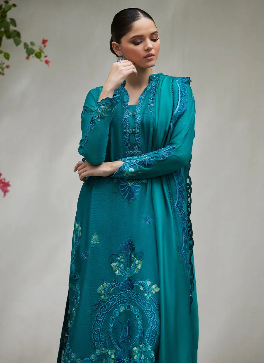 Leona Emerald Embroidered Cotton Net Shirt with Silk Dupatta