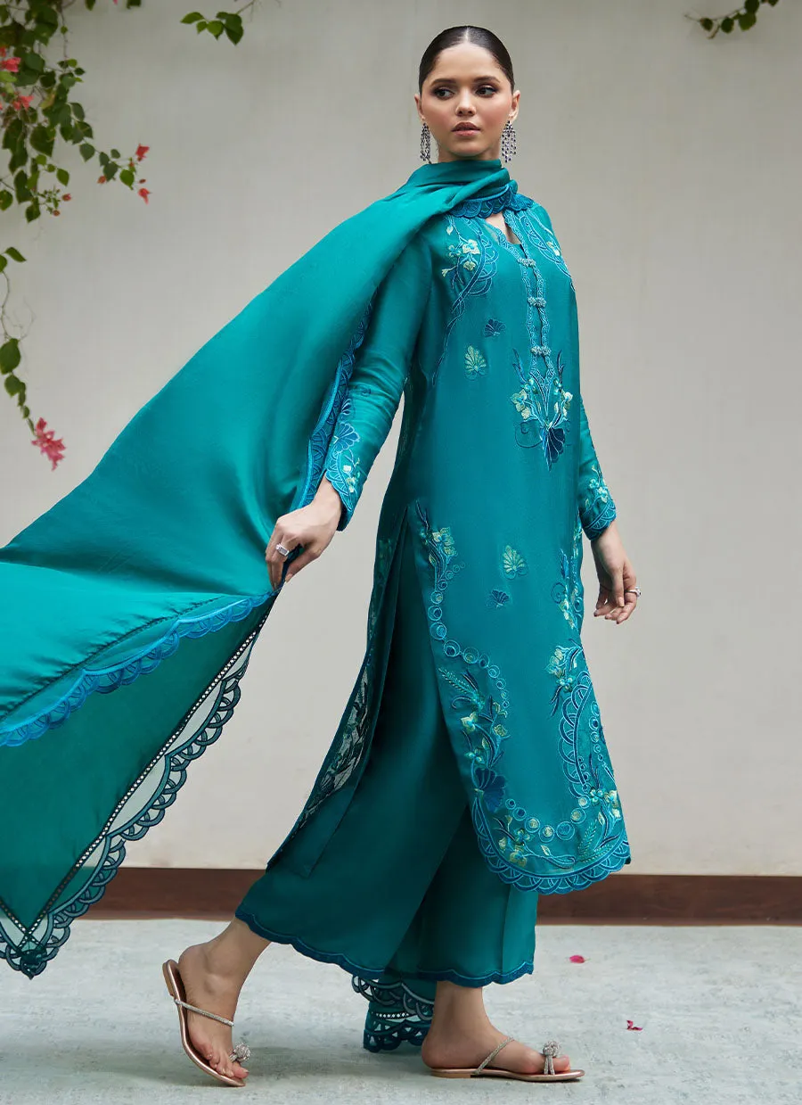 Leona Emerald Embroidered Cotton Net Shirt with Silk Dupatta