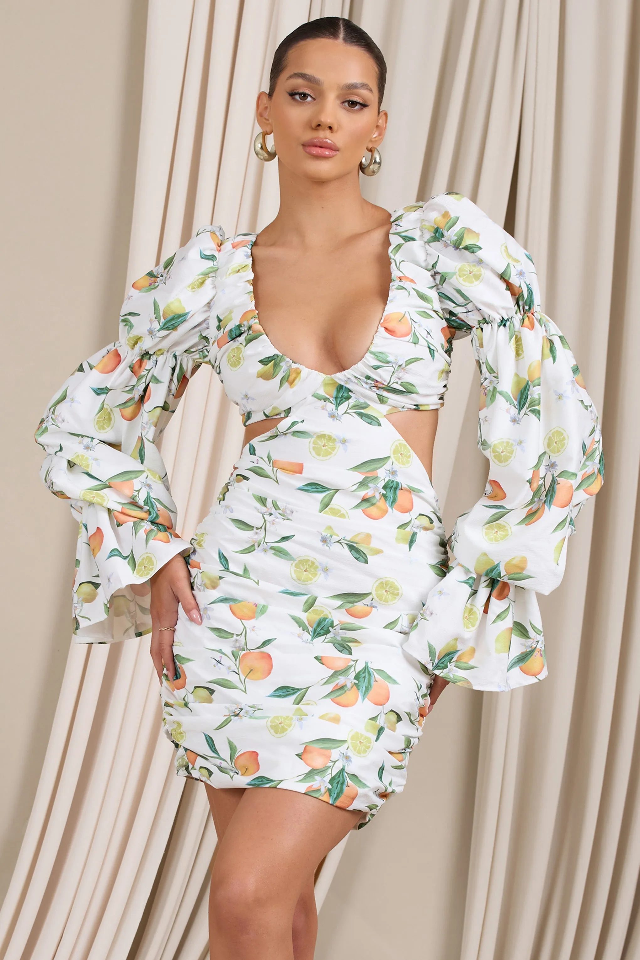 Limoncello | Lemon Print Ruched Cut-Out Mini Dress With Puff Sleeves