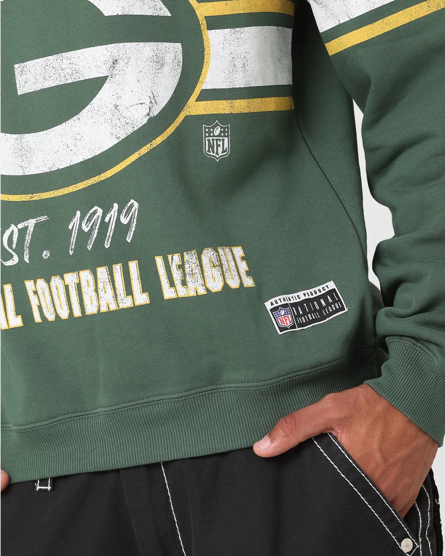 Majestic Athletic Green Bay Packers Stripe Crest Crewneck Dark Cedar