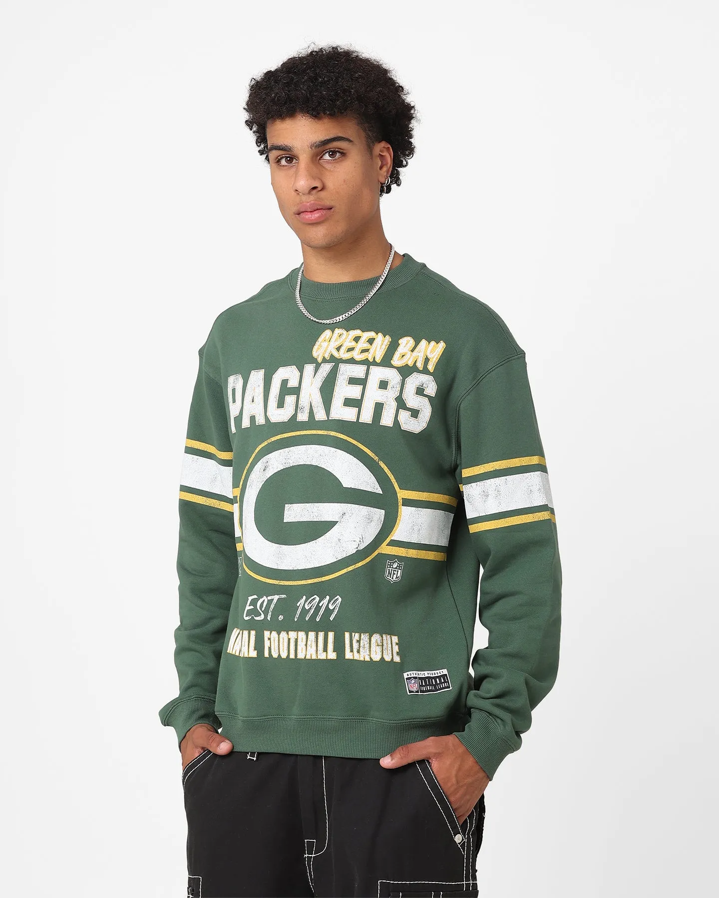 Majestic Athletic Green Bay Packers Stripe Crest Crewneck Dark Cedar