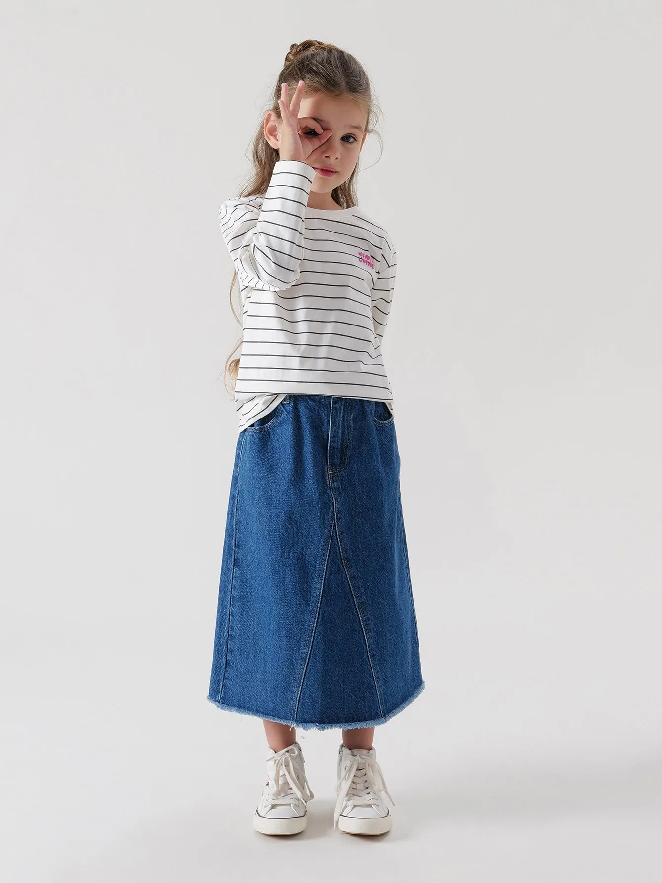 MARC & JANIE Girls A-Line Denim Skirt Midi Jean Skirt 241595