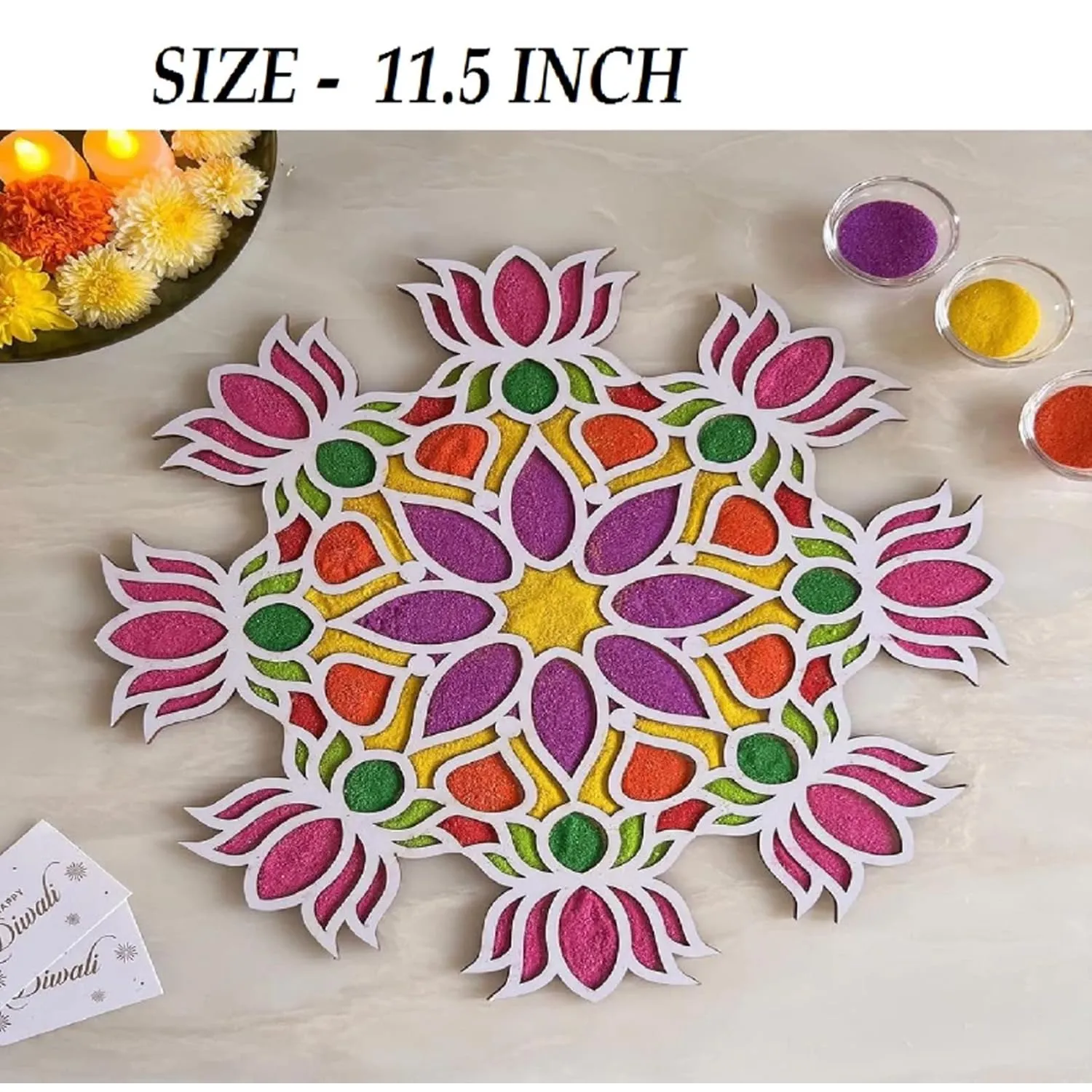 MDF Rangoli Mat with Wooden Base.Easy to Use.Just Fill It Up with Rangoli,Flowers,Pulses Inland Rangoli Stencils Border for Floor Home Diwali Decoration-Reusable DIY Rangoli Stencil (Dual_Layer_D25)