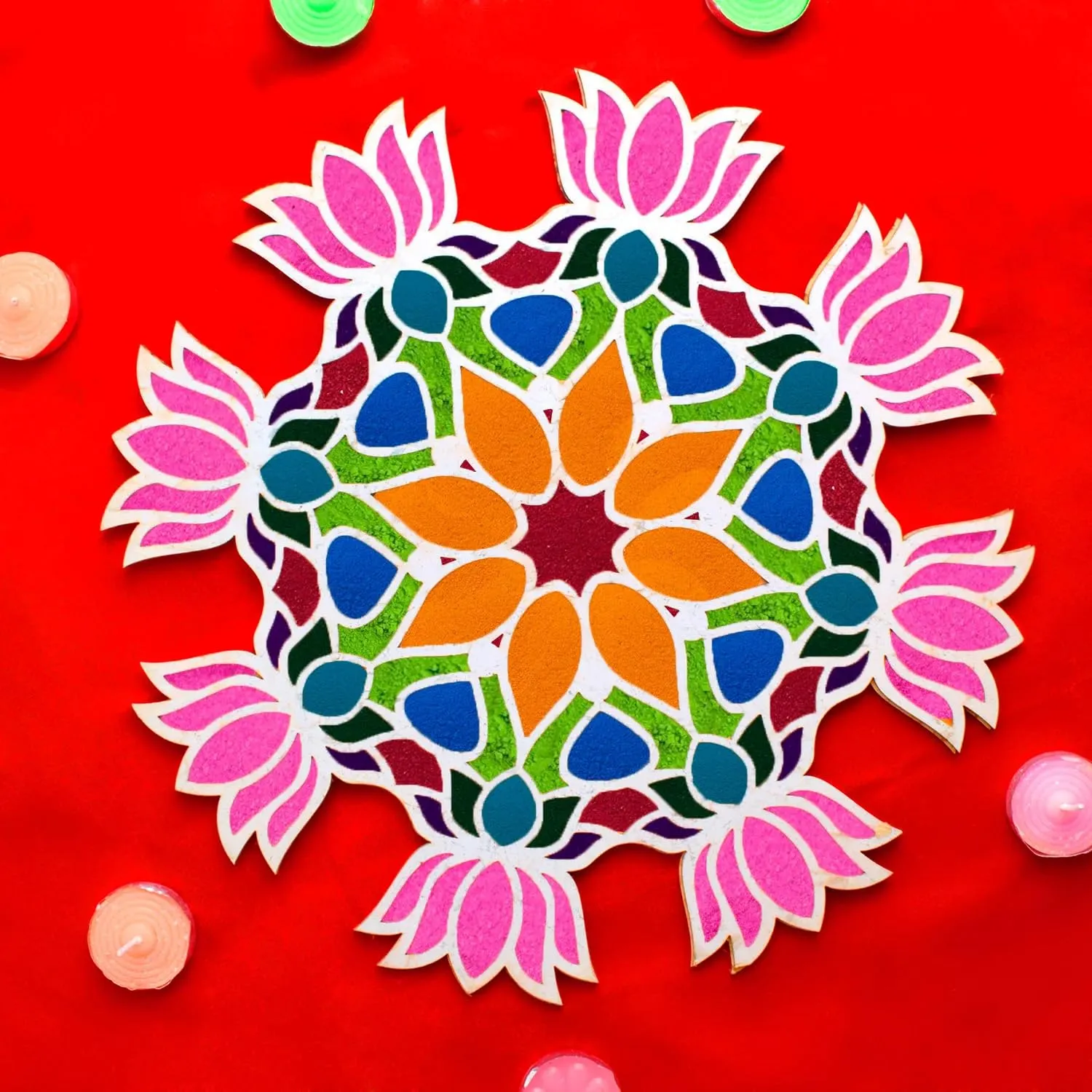 MDF Rangoli Mat with Wooden Base.Easy to Use.Just Fill It Up with Rangoli,Flowers,Pulses Inland Rangoli Stencils Border for Floor Home Diwali Decoration-Reusable DIY Rangoli Stencil (Dual_Layer_D25)