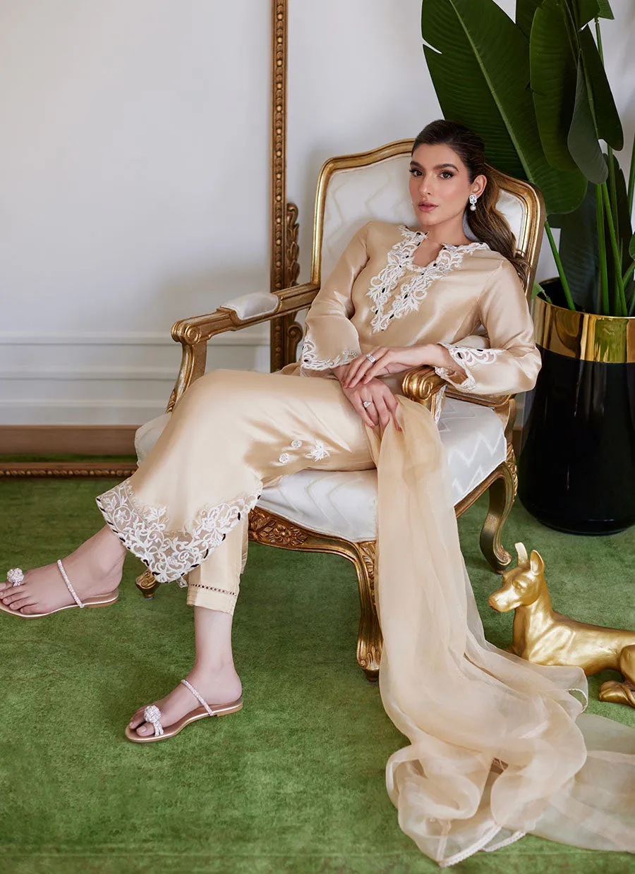 Melvina Champagne Beige Embroidered Shisha Silk Shirt With Dupatta