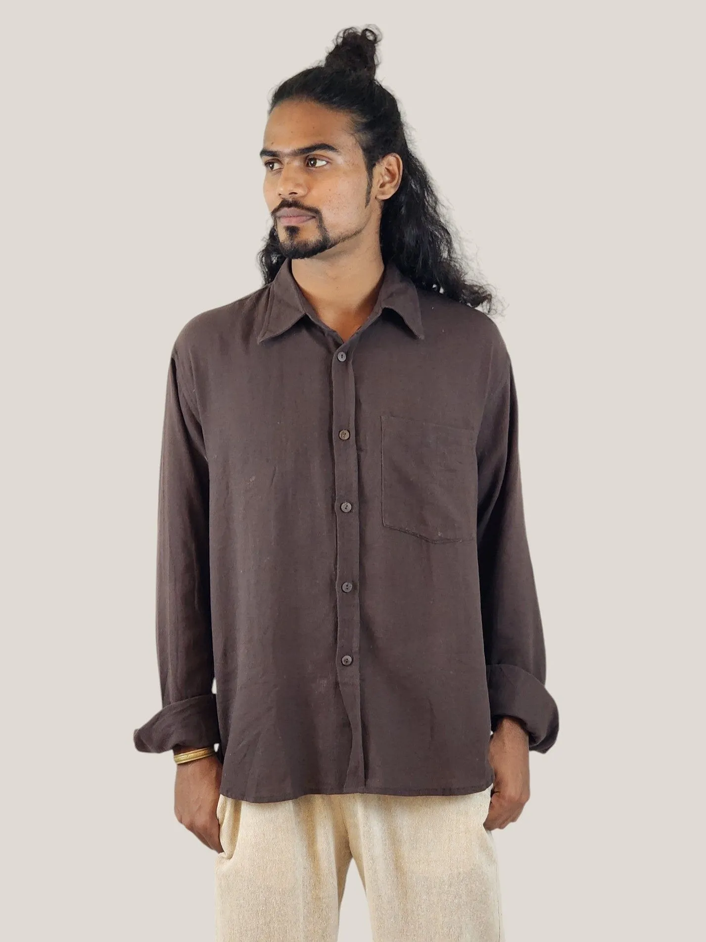 Men's Cacao Brown Organic Cotton Long Sleeve Button Down