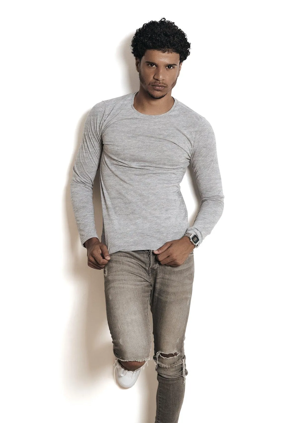 Mens T-Shirt Long Sleeve Crew Neck Ash Gray