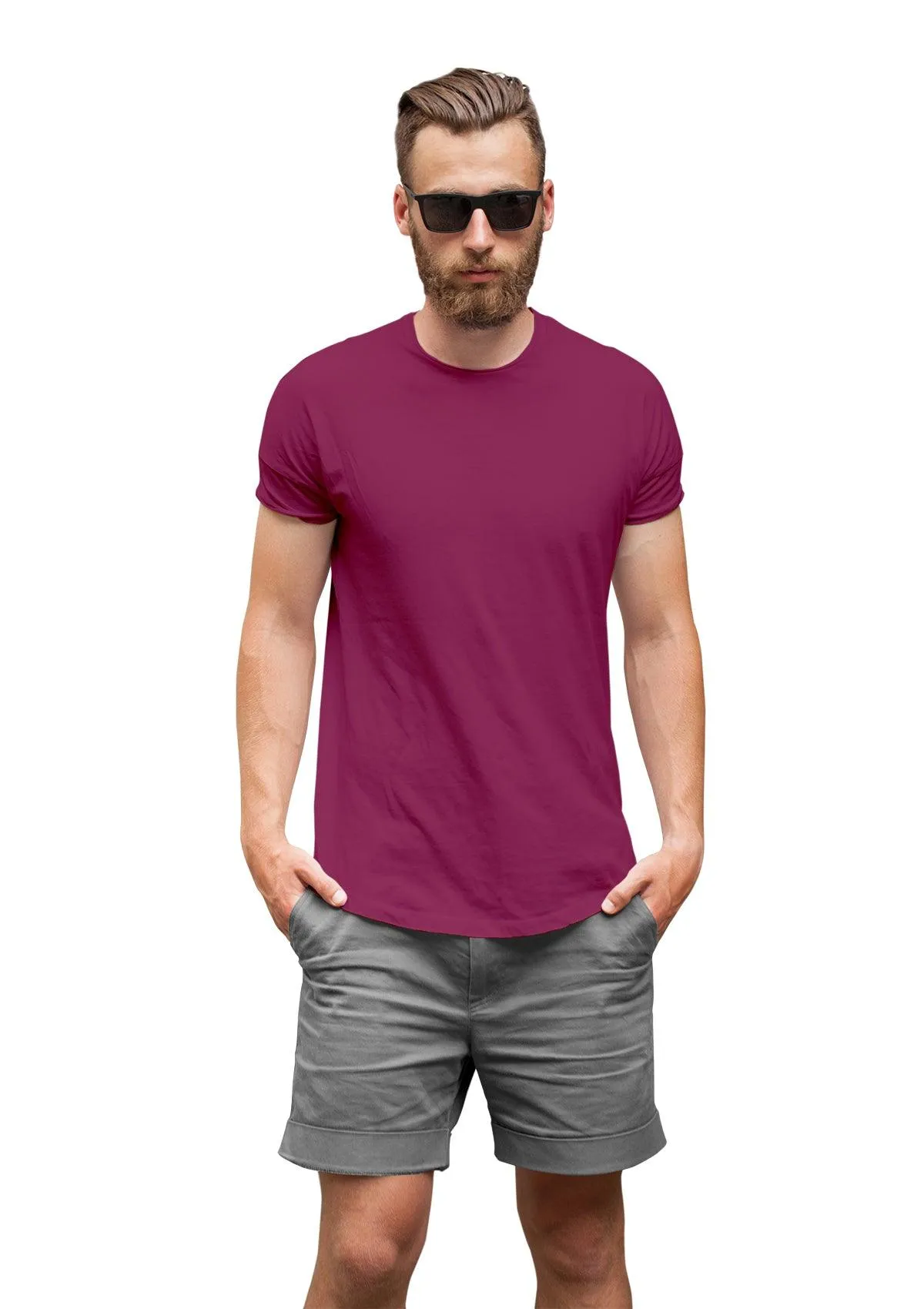 Mens T-Shirt Short Sleeve Crew Neck Berry Red Cotton