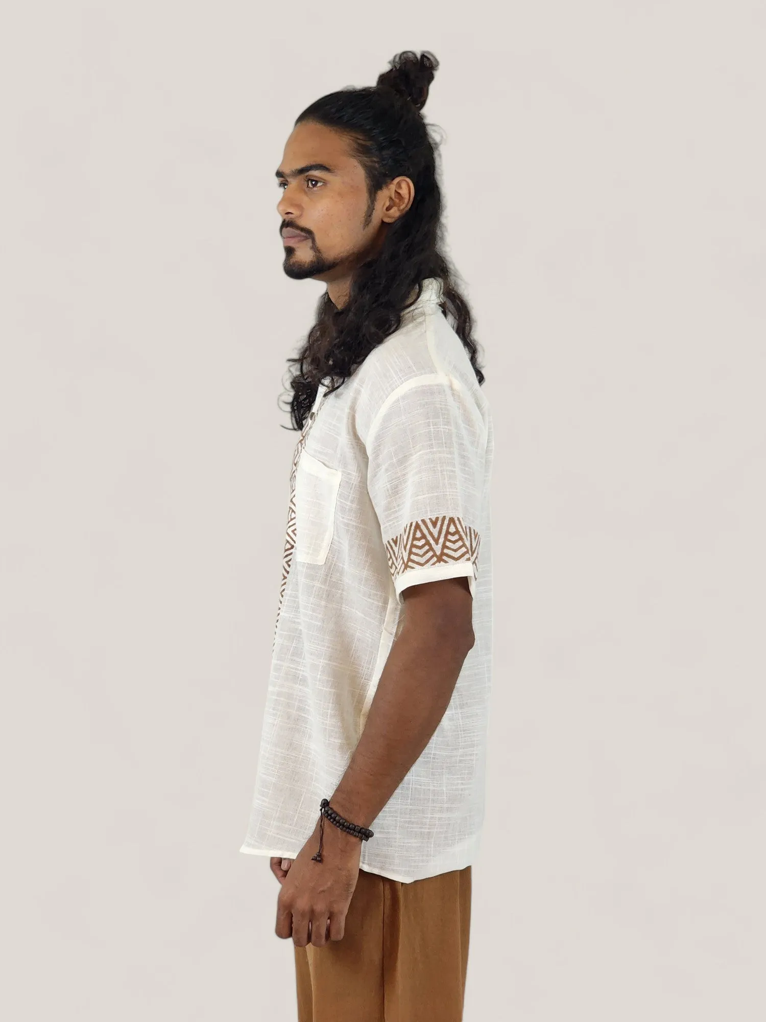 Men's White Organic Linen Short Sleeve Block-Printed Button-Down Shirt