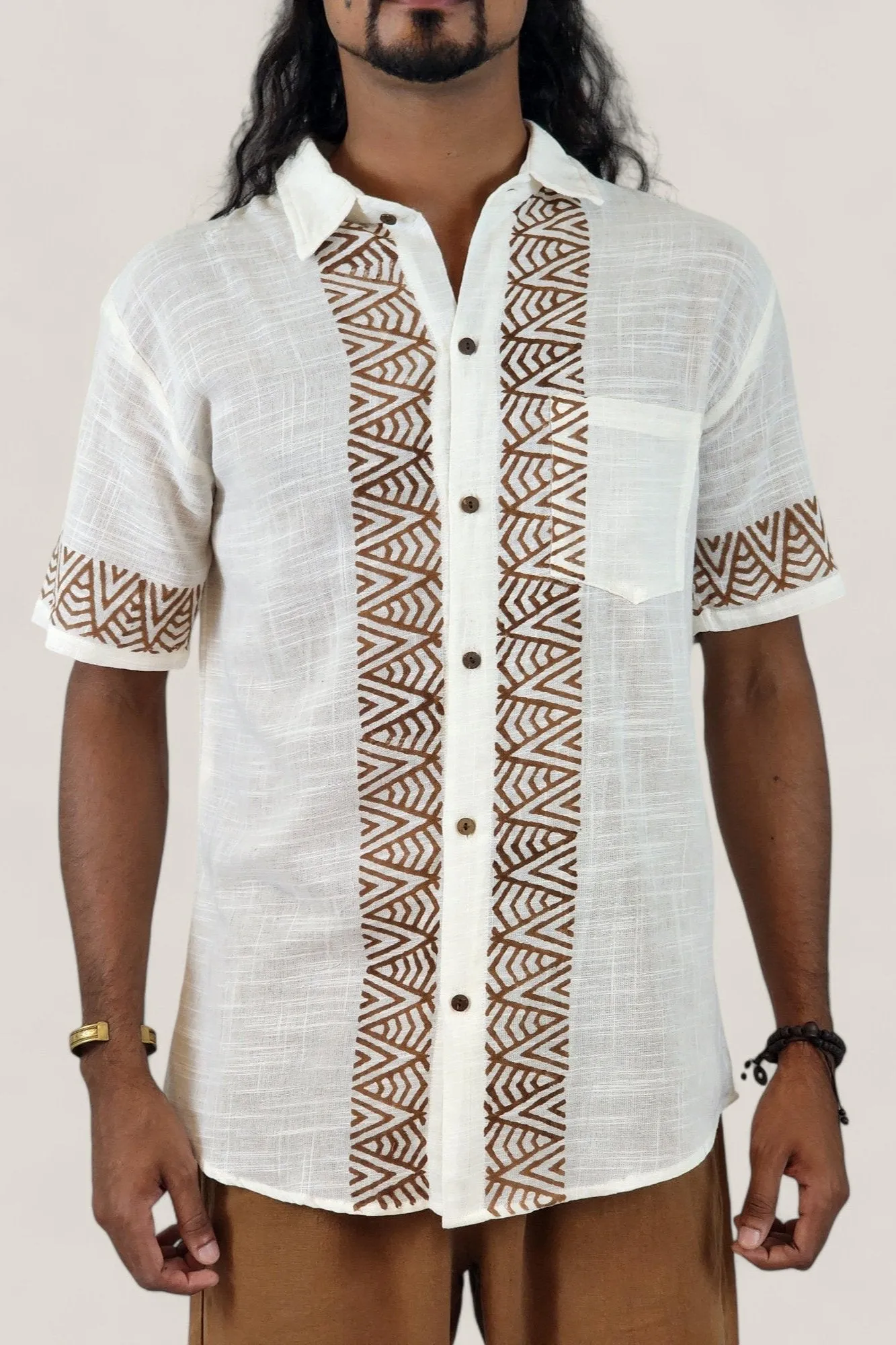 Men's White Organic Linen Short Sleeve Block-Printed Button-Down Shirt