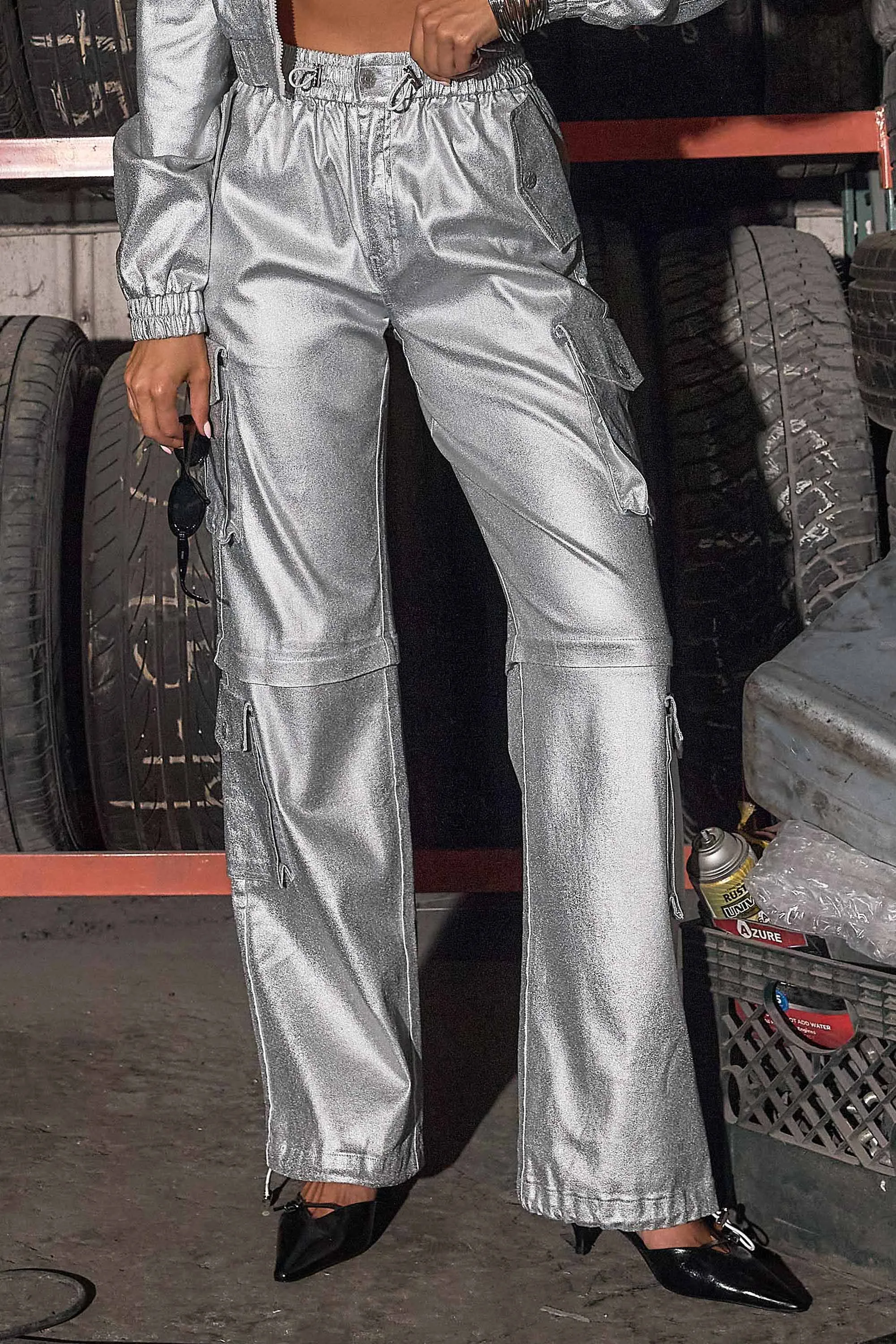 Metallic Stretch Baggy Cargo Pants