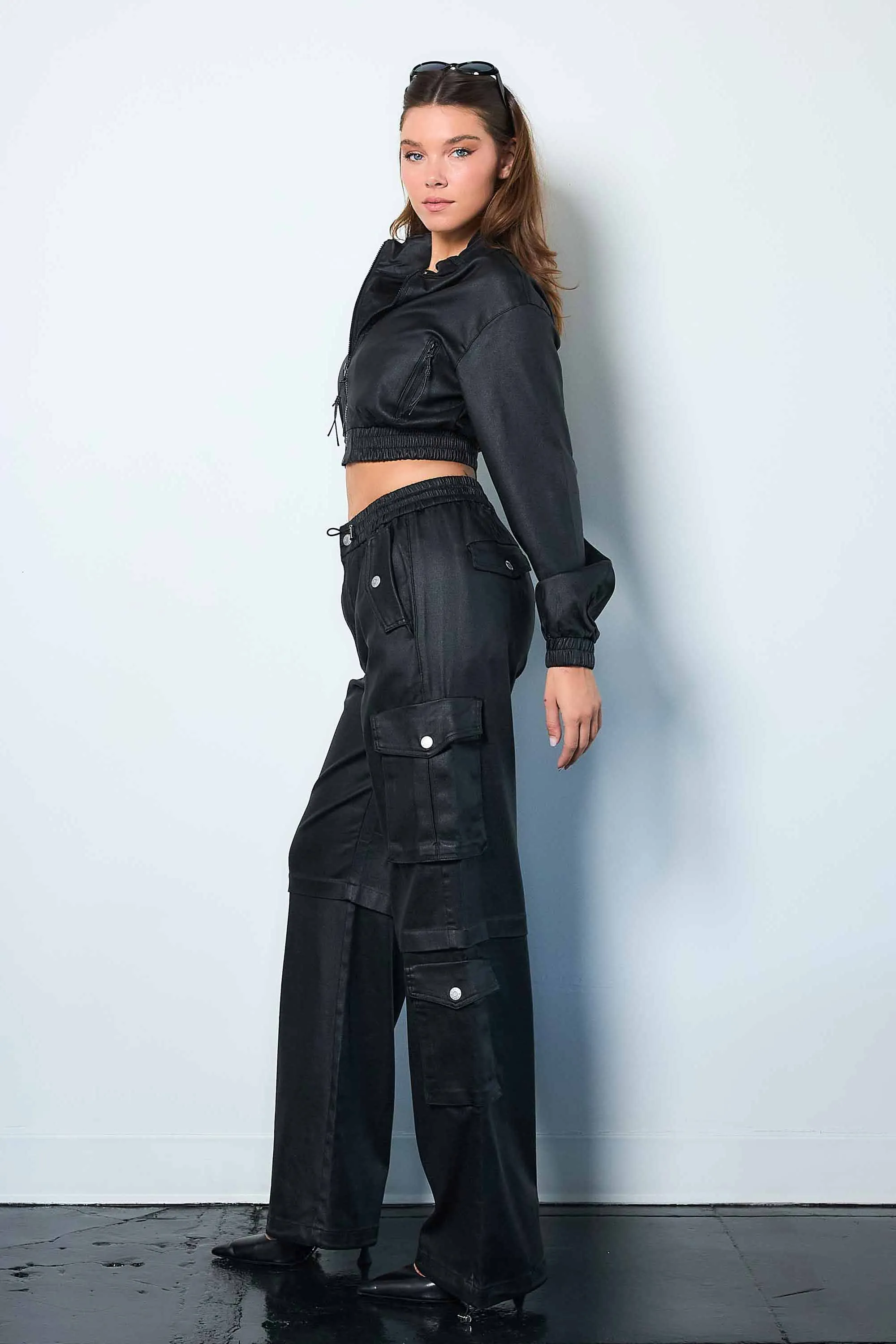 Metallic Stretch Baggy Cargo Pants