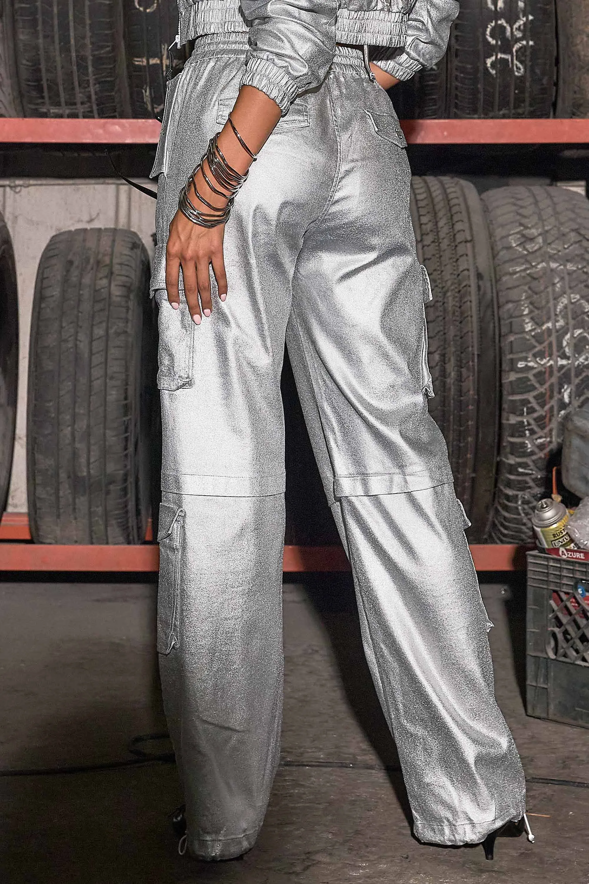 Metallic Stretch Baggy Cargo Pants