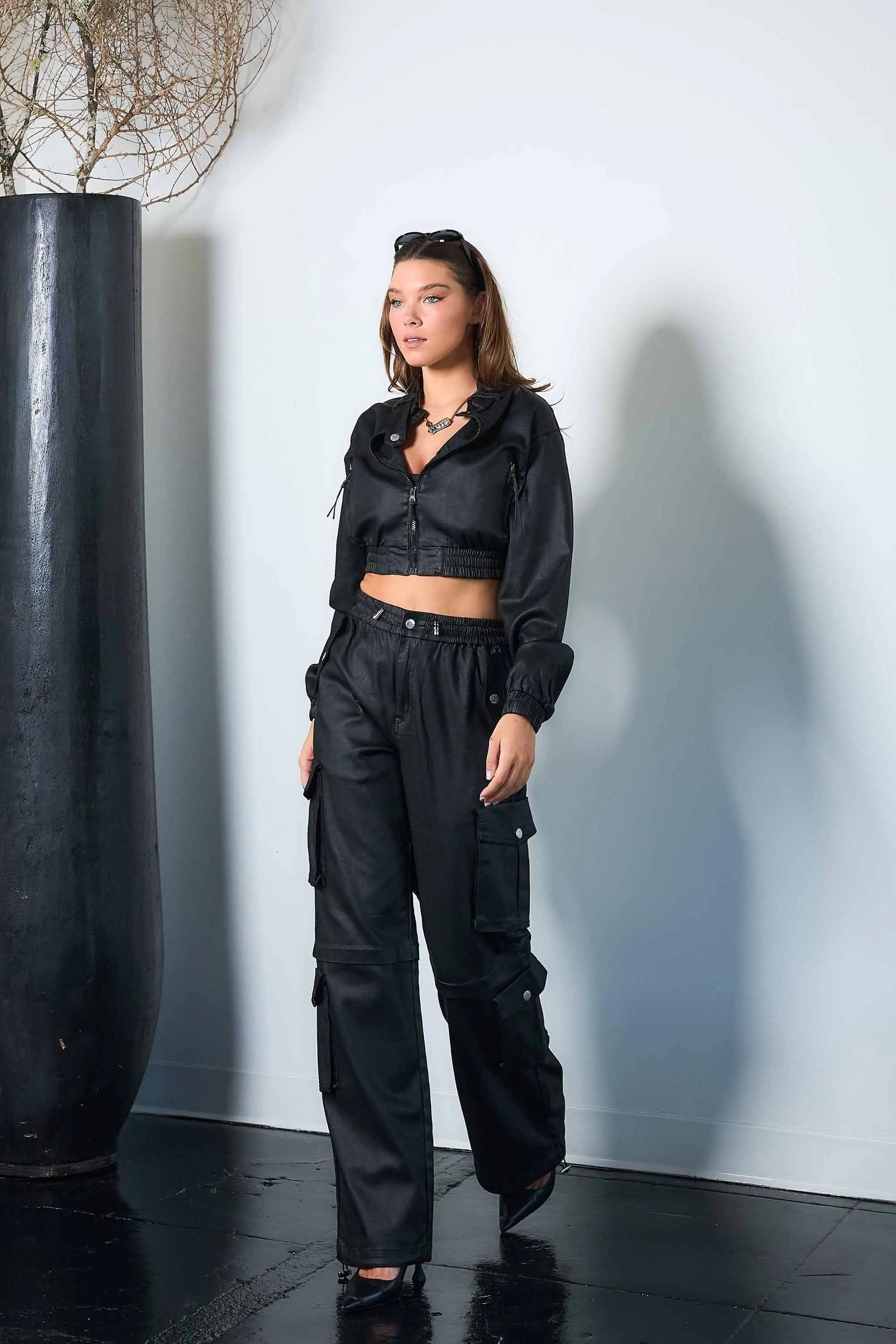 Metallic Stretch Baggy Cargo Pants