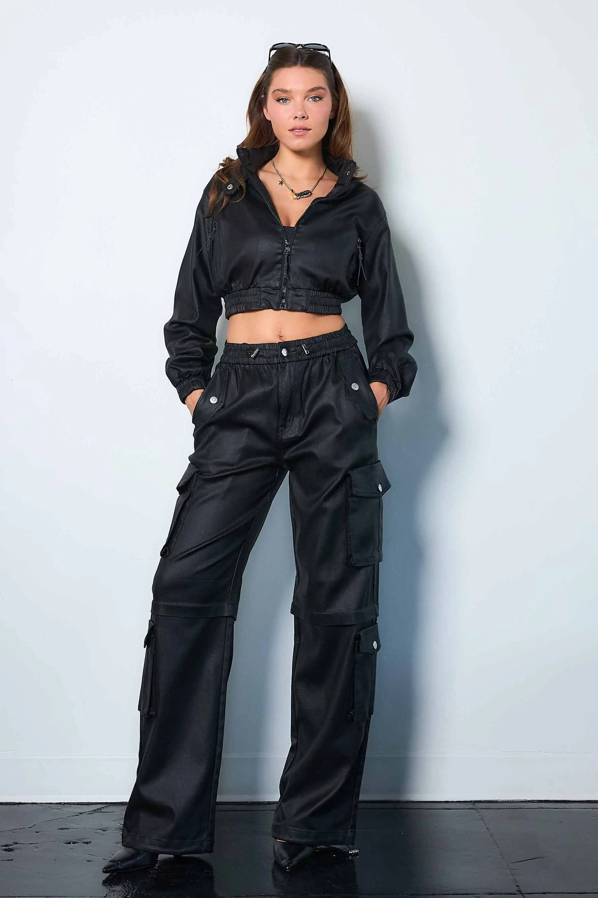 Metallic Stretch Baggy Cargo Pants