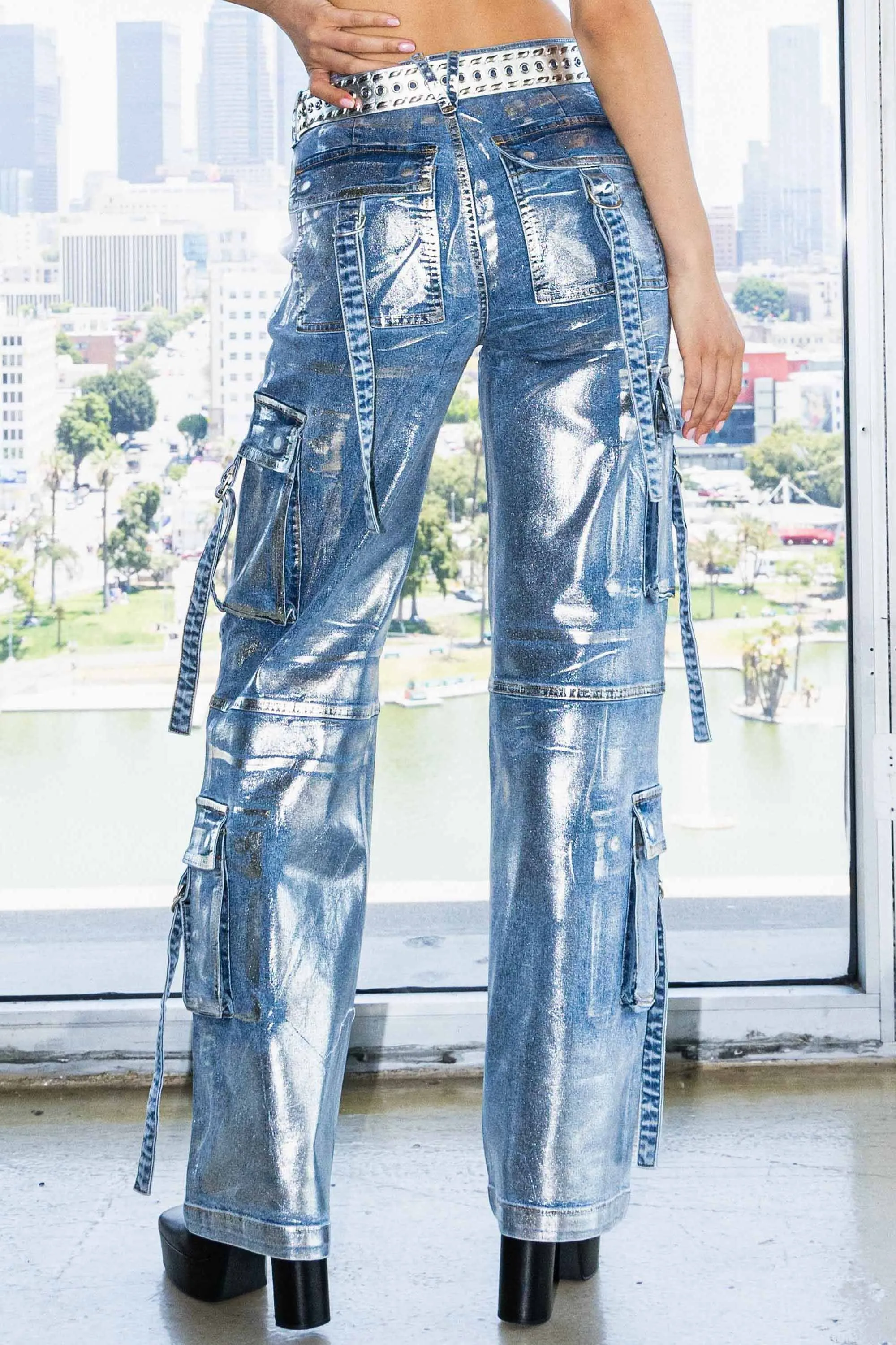 Metallic Wide leg Cargo Pants