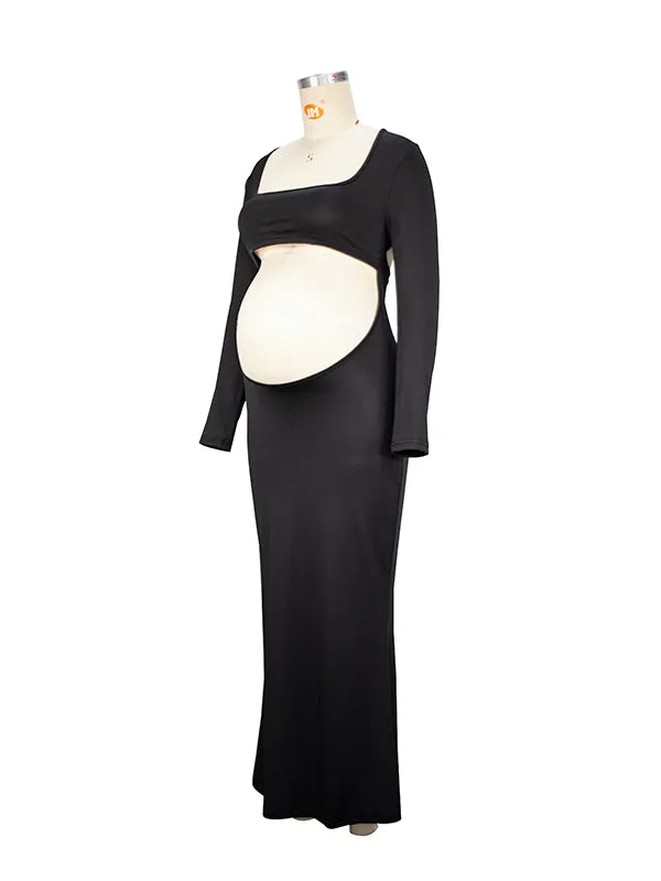 Momnfancy Black Backless Cut Out Bandeau Mermaid Crop Long Sleeve Bodycon Photoshoot Maternity Club Party Maxi Dress