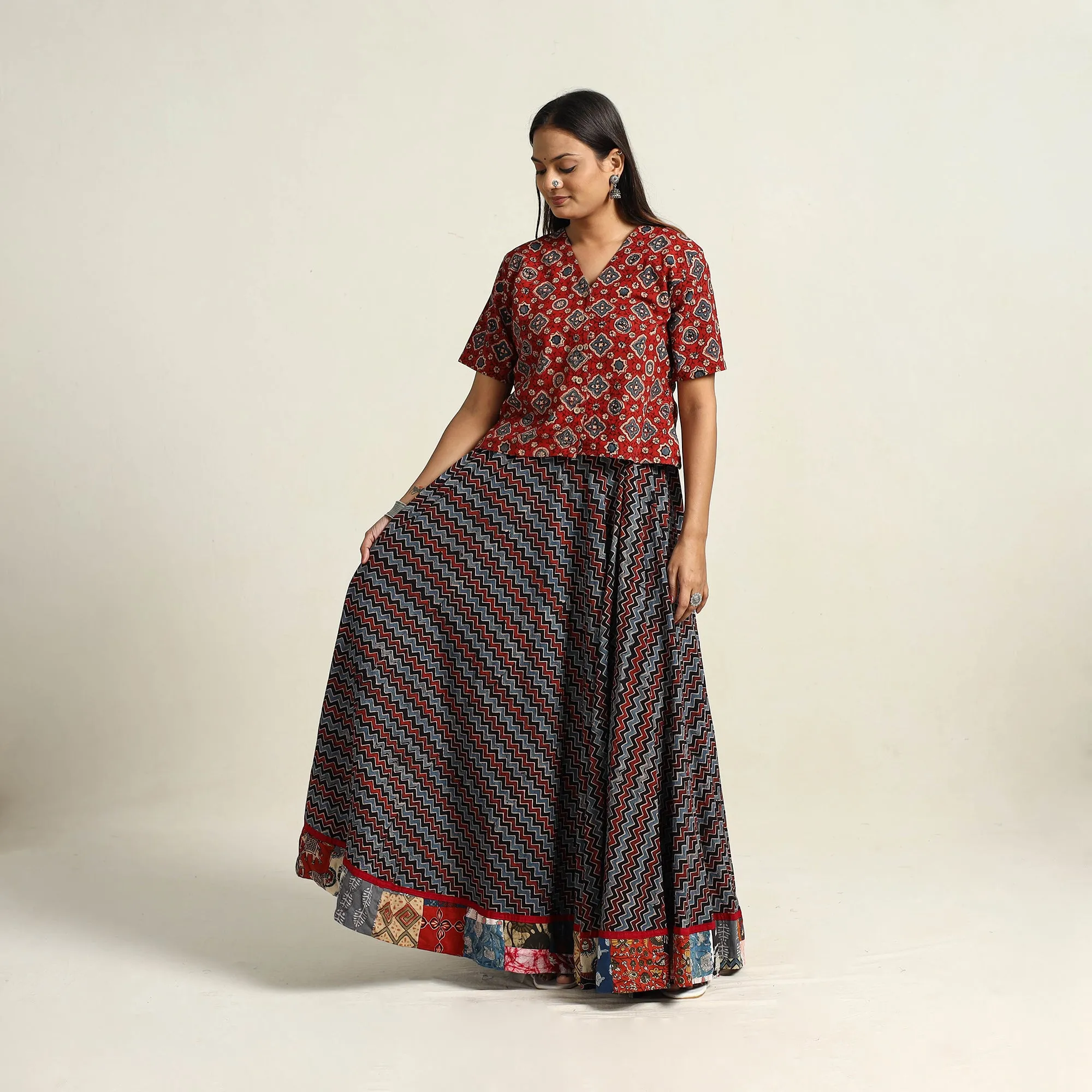 Multicolor - Hand Block Printed Cotton Long Ajrakh Skirt 06