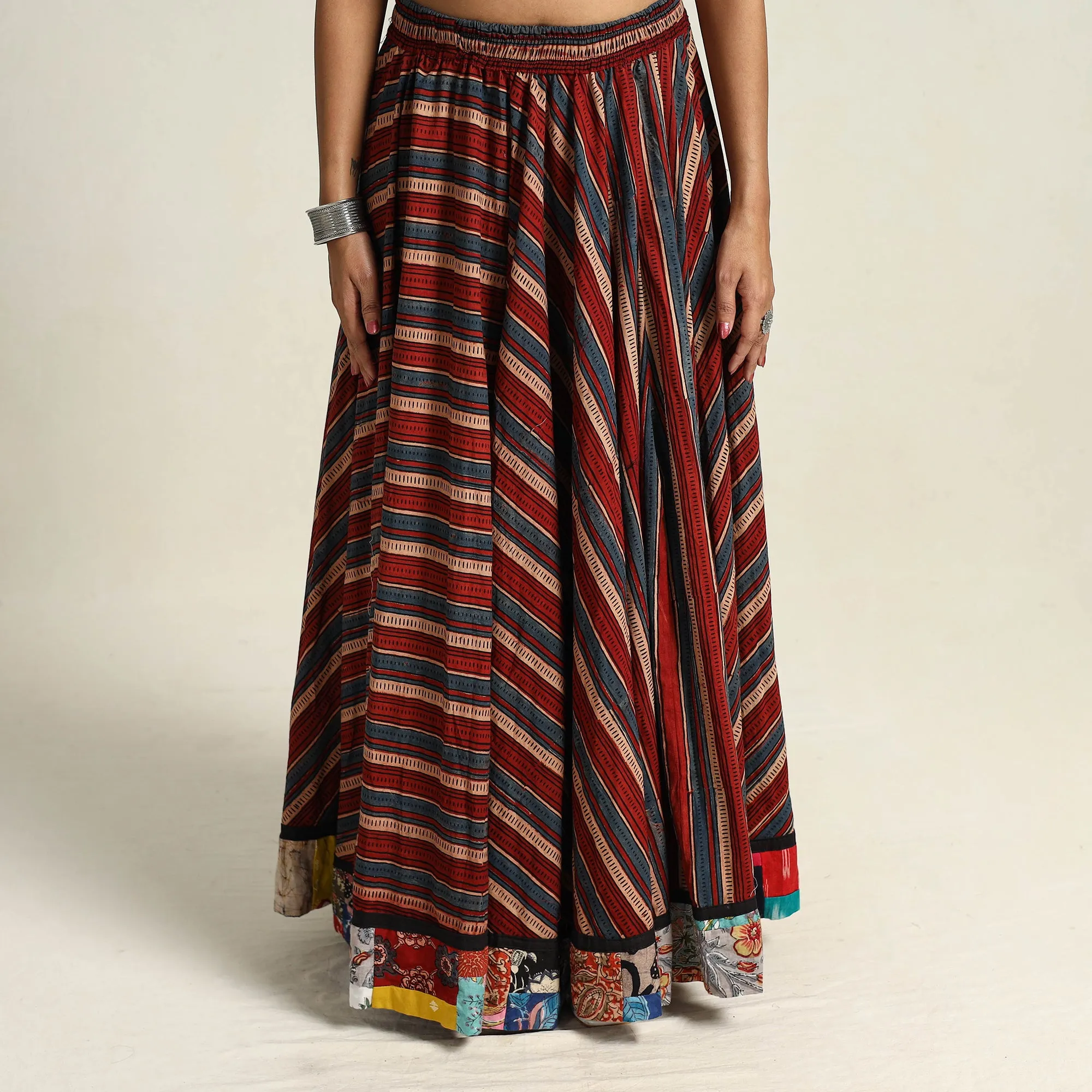 Multicolor - Hand Block Printed Cotton Long Ajrakh Skirt 07