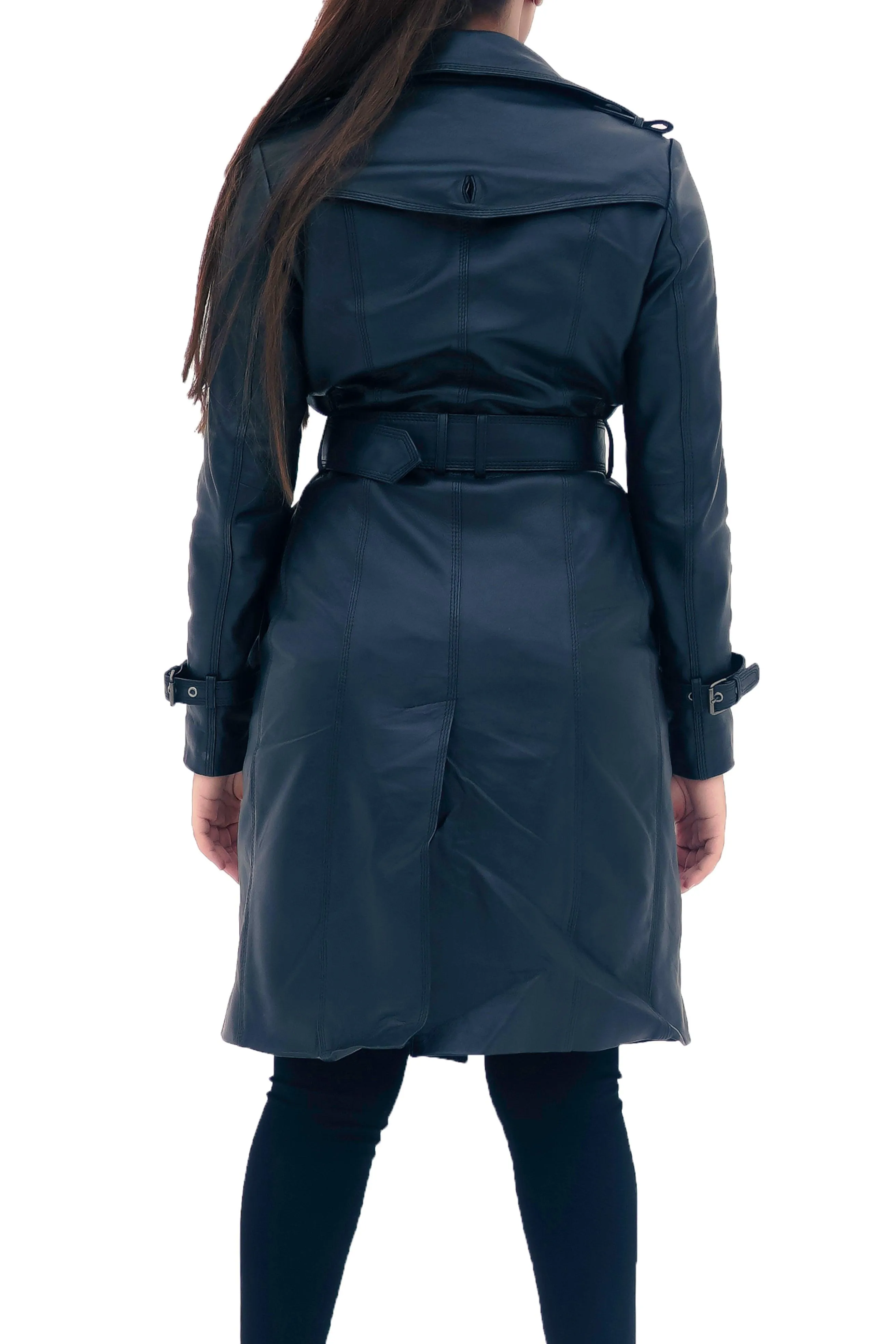 New Ladies Women Black Weather Protective Genuine Real Leather Long Trench Coat