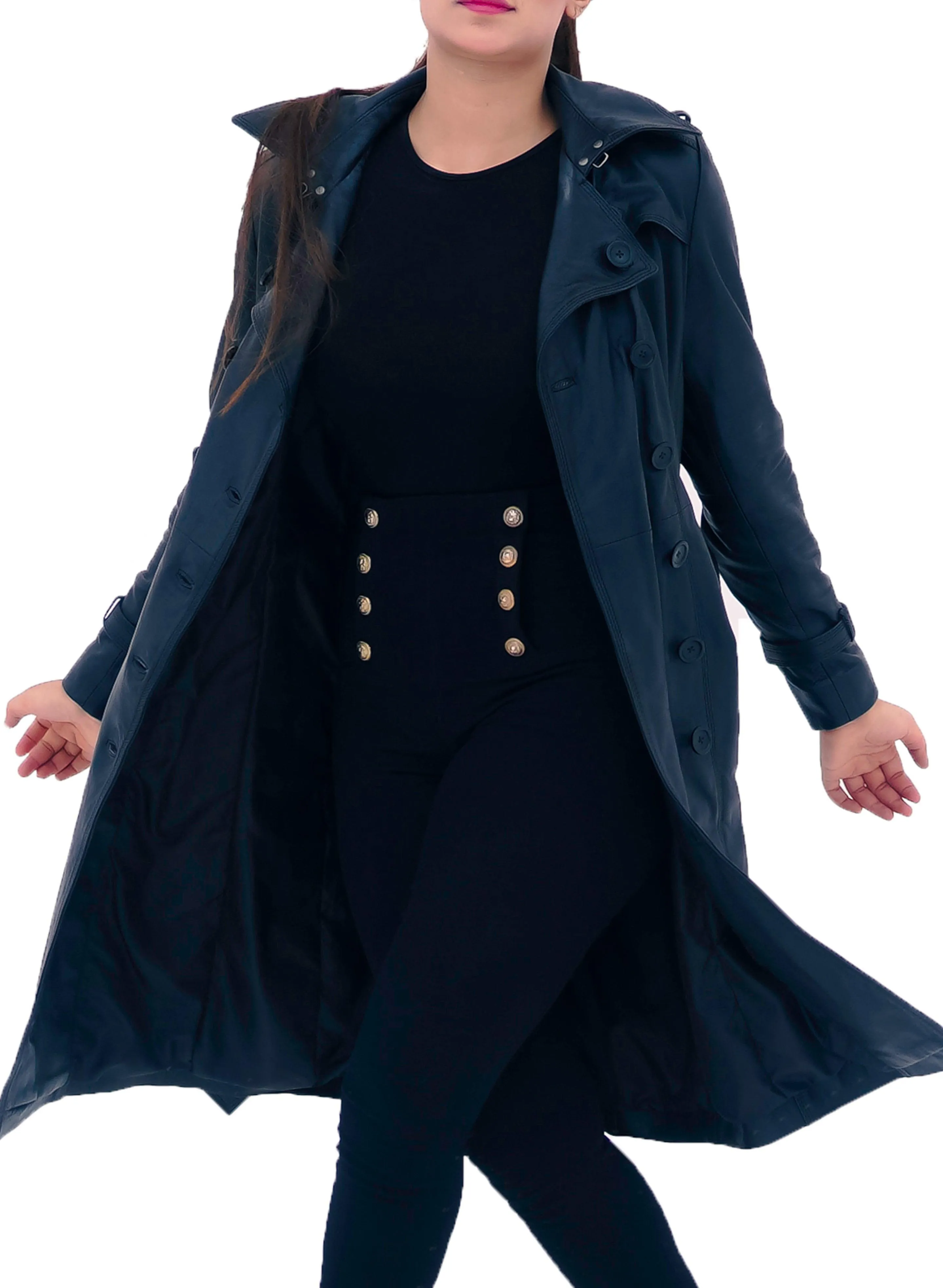 New Ladies Women Black Weather Protective Genuine Real Leather Long Trench Coat