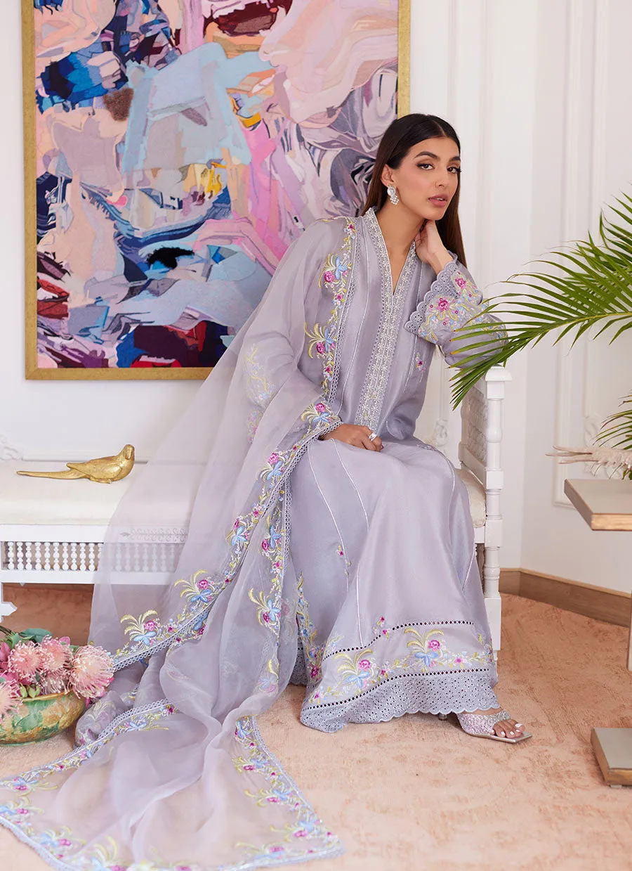 Odette Silver Grey Embroidered Raw Silk Kalidar With Dupatta