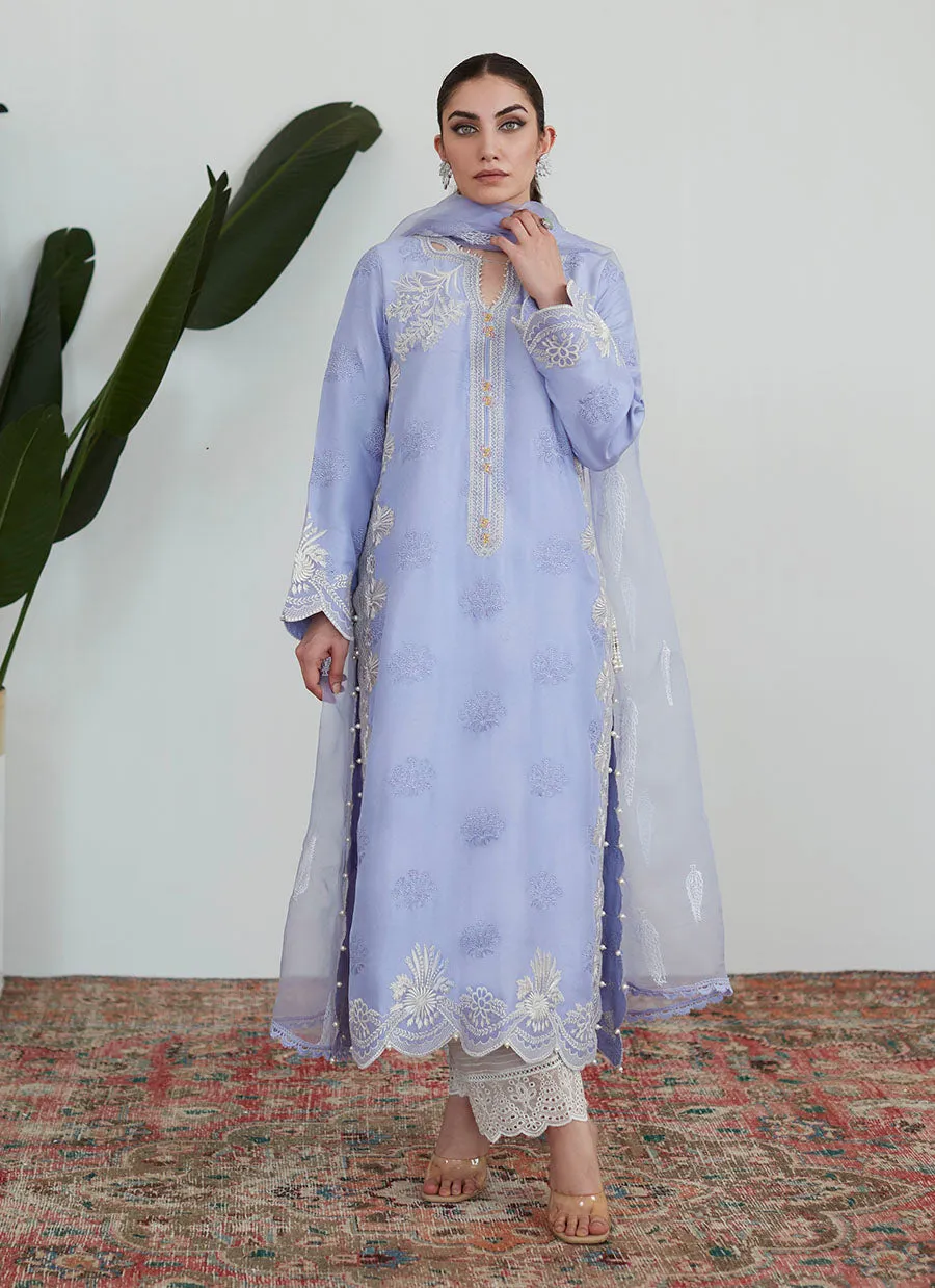 Olenna Periwinkle Embroidered Shirt with Organza Dupatta