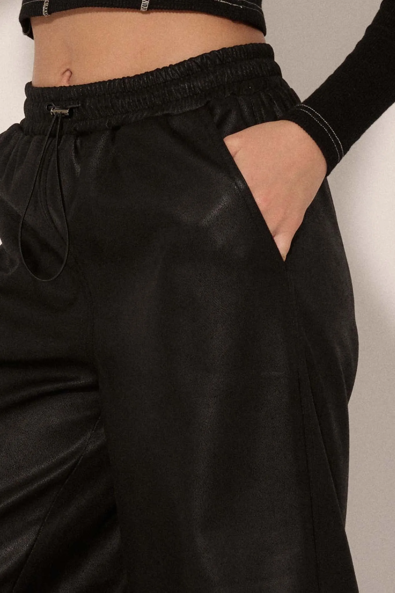 On the Run Vegan Leather Drawstring Cargo Pants