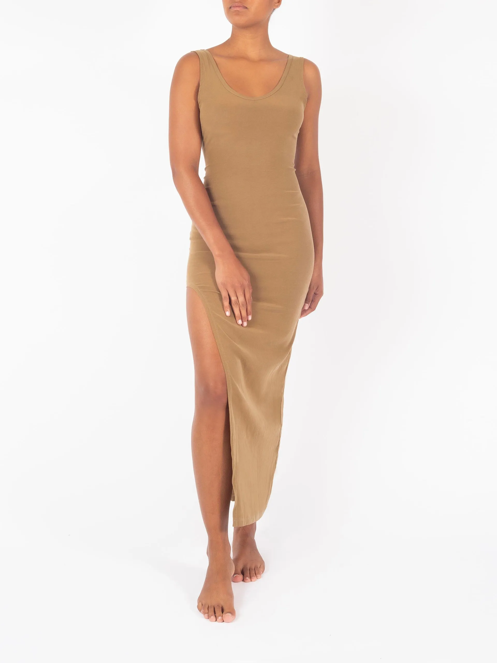 Open Back Tank maxi dress with side slit in stretch cupro