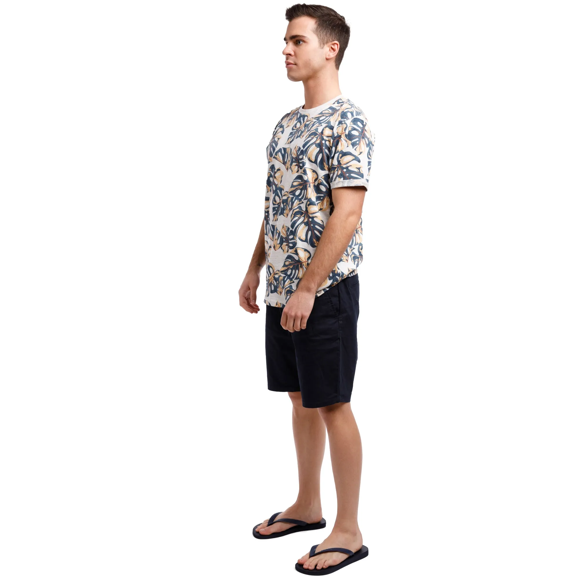 Organic Heather Short Sleeve Printed Crew Neck Tee | Tropical Leaf