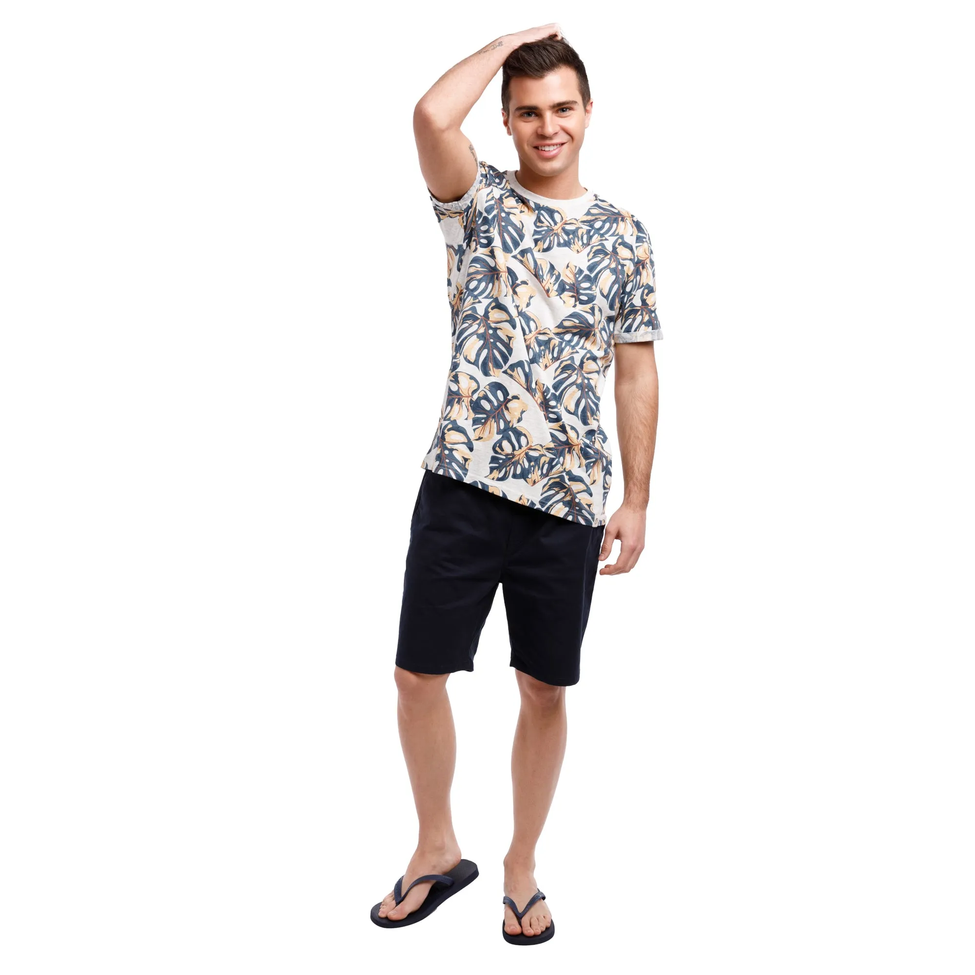 Organic Heather Short Sleeve Printed Crew Neck Tee | Tropical Leaf