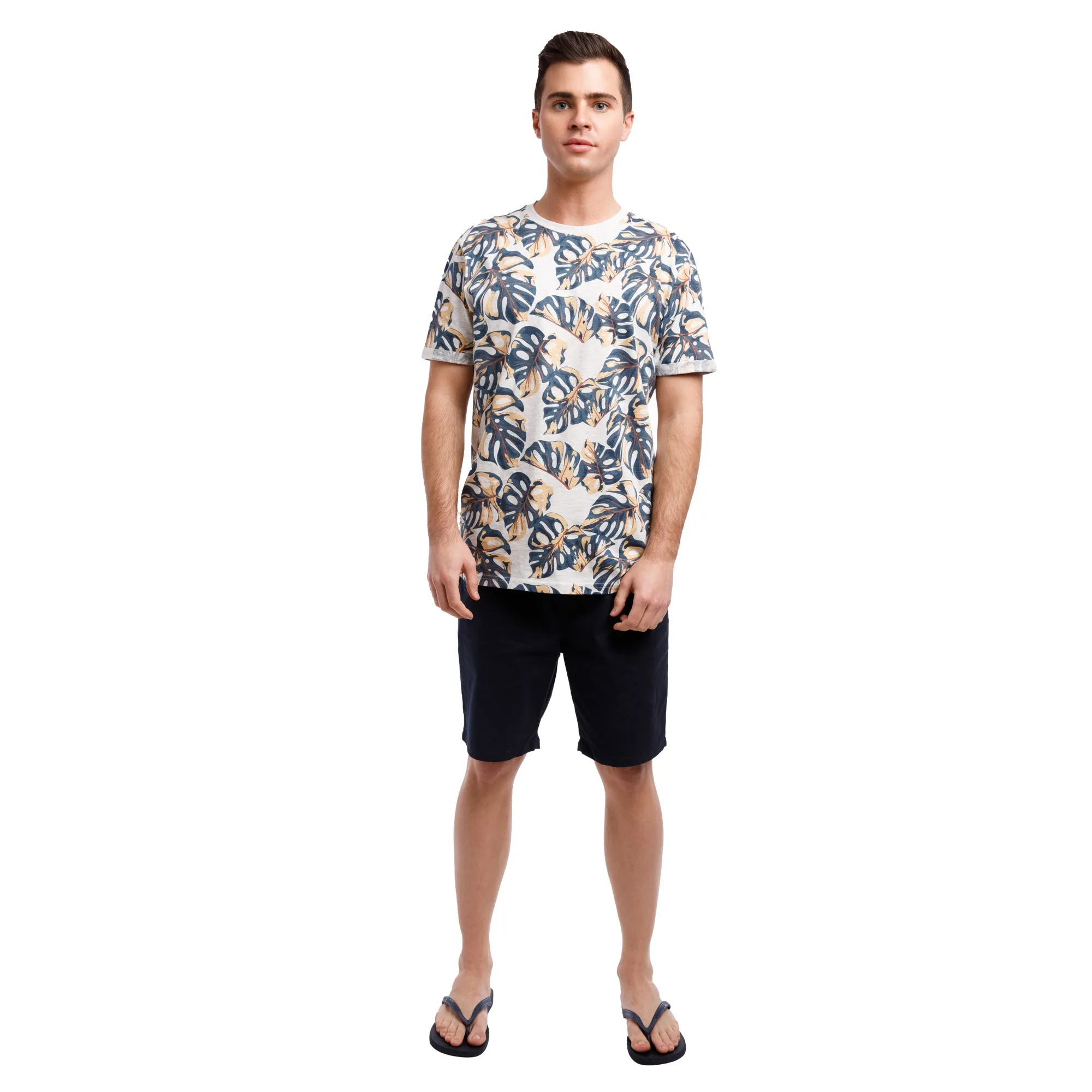 Organic Heather Short Sleeve Printed Crew Neck Tee | Tropical Leaf