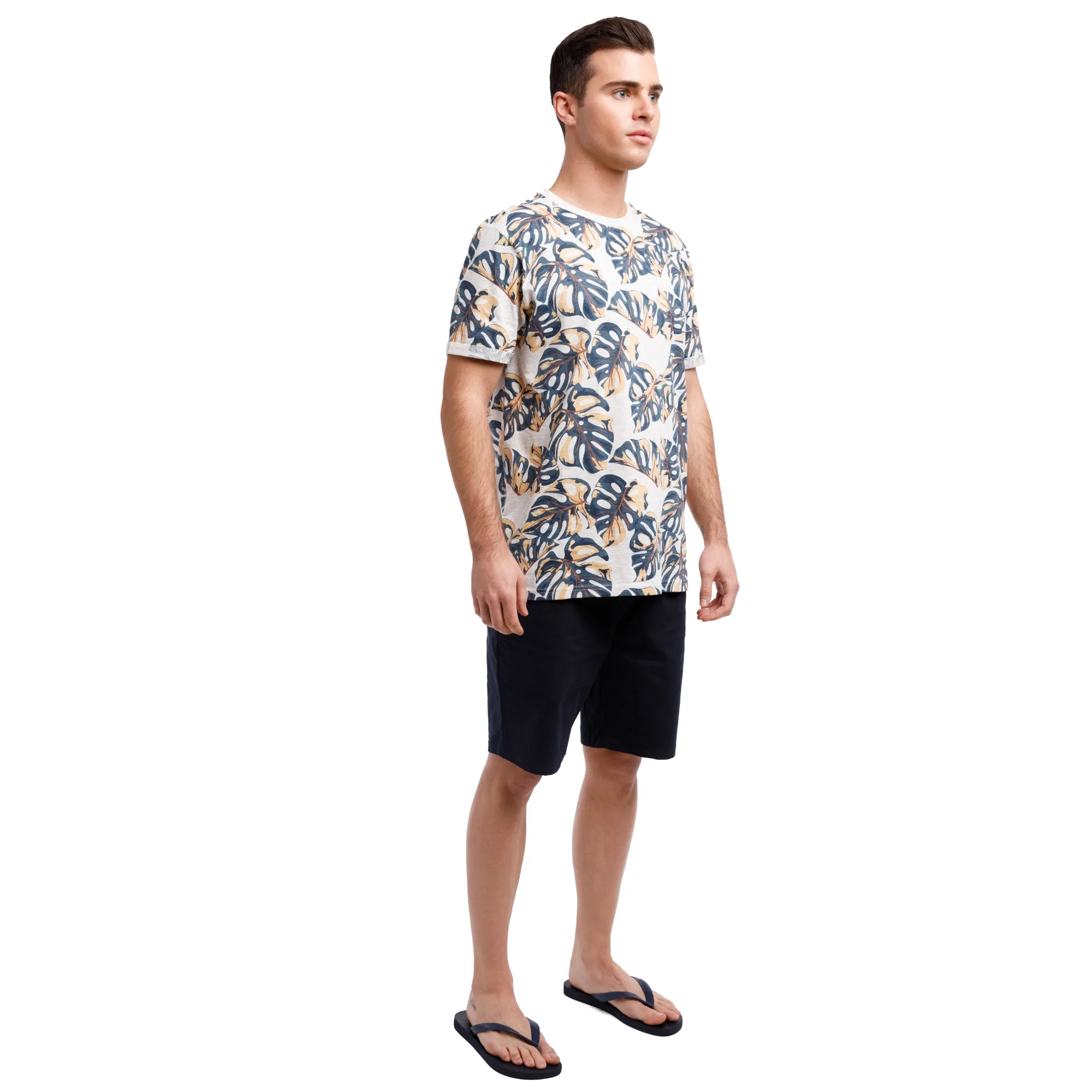 Organic Heather Short Sleeve Printed Crew Neck Tee | Tropical Leaf