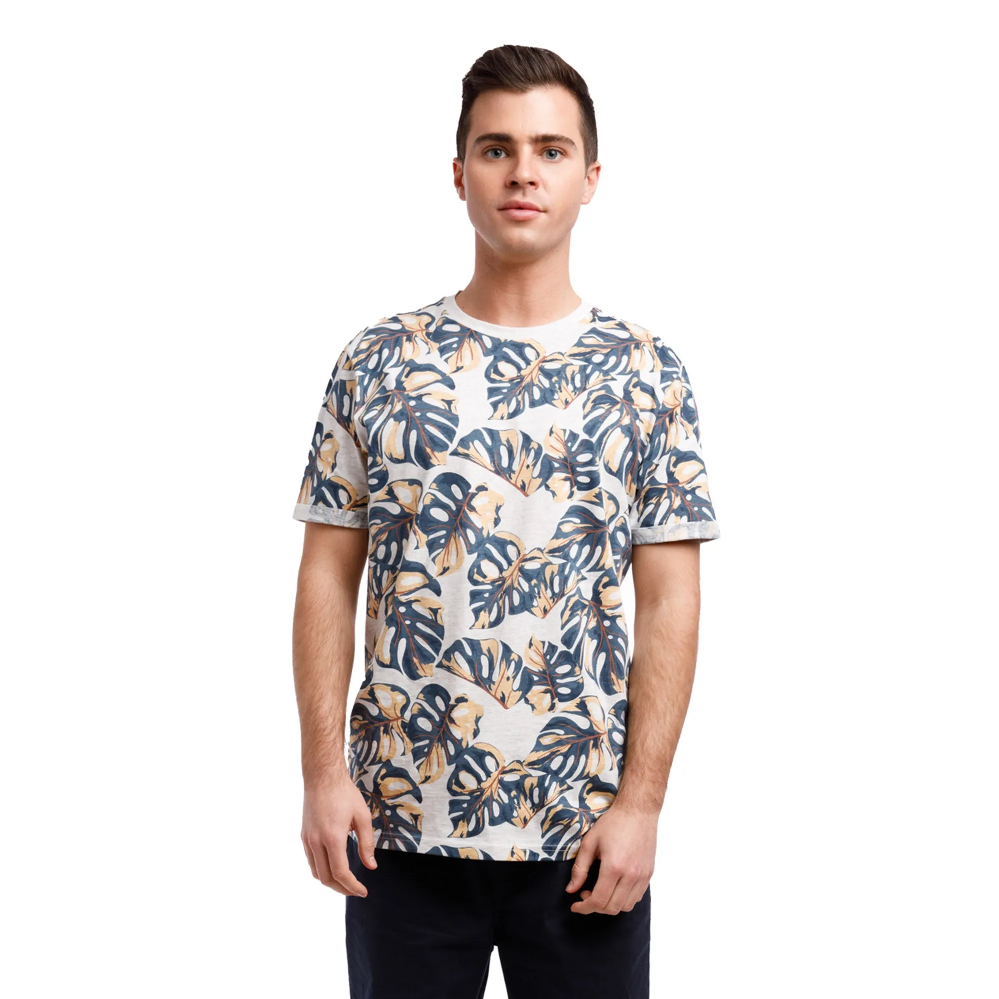 Organic Heather Short Sleeve Printed Crew Neck Tee | Tropical Leaf