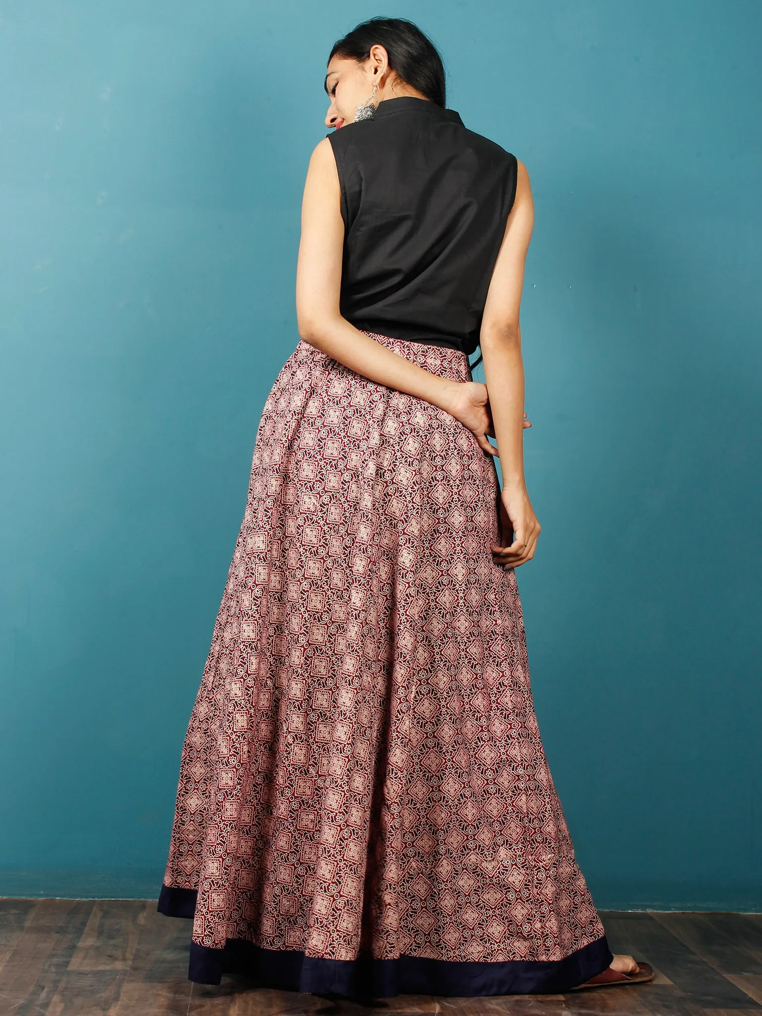 Plum Black Light Peach  Hand Block Printed Skirt With Navy Blue Border - S40F685