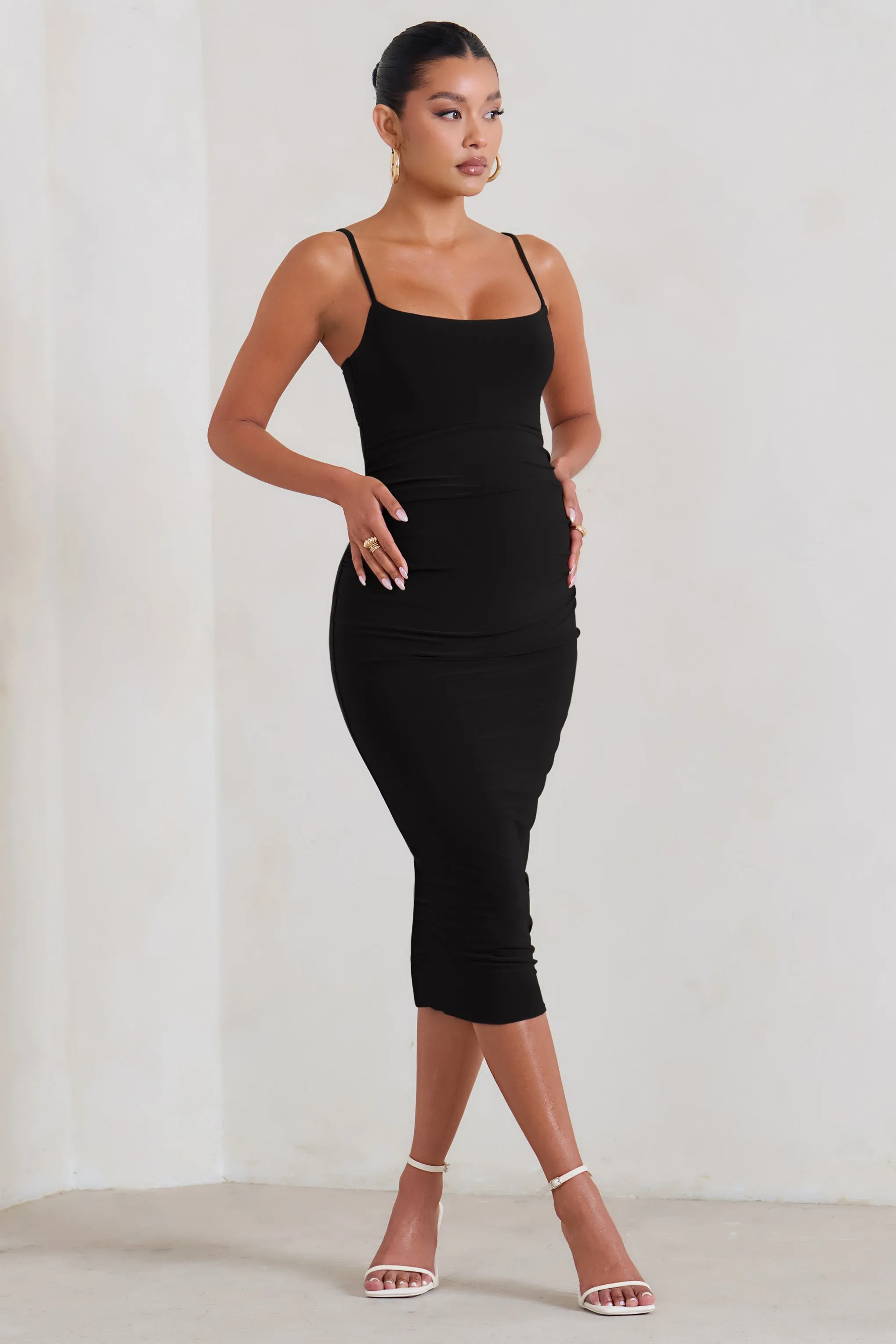 Raquel | Black Maternity Cami Midi Dress With Split