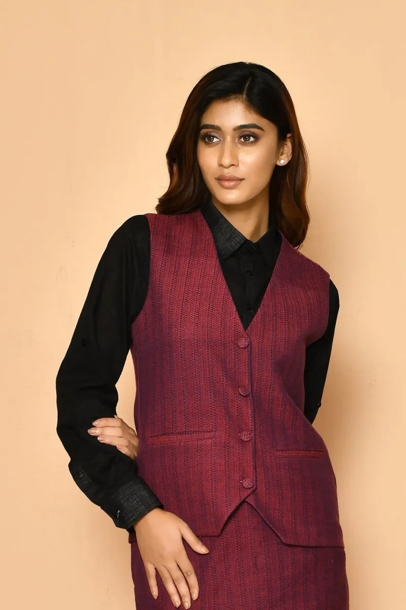 Red V-Neck Waist Coat Cotton Jacket for Ladies